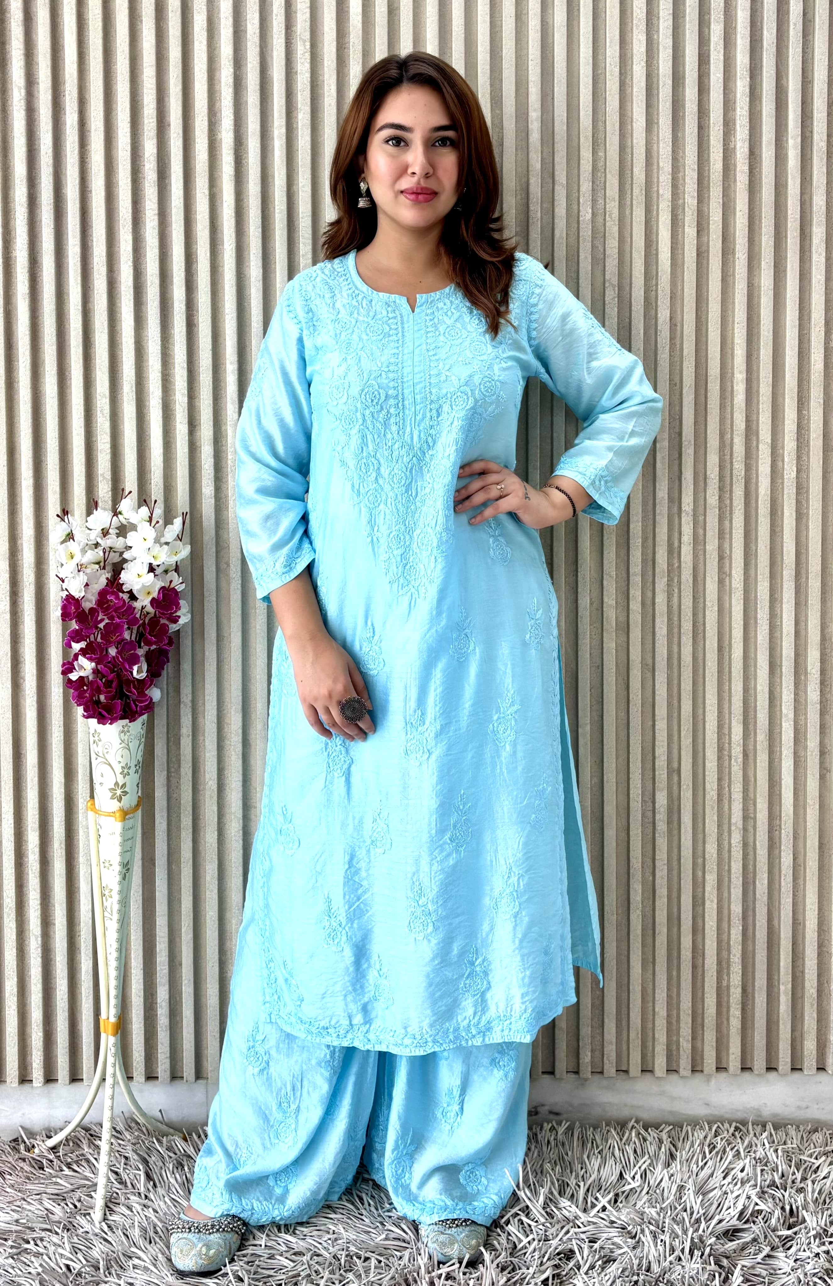 Lucknowi Chikankari Chanderi Rose Design Kurti & Plazo Set
