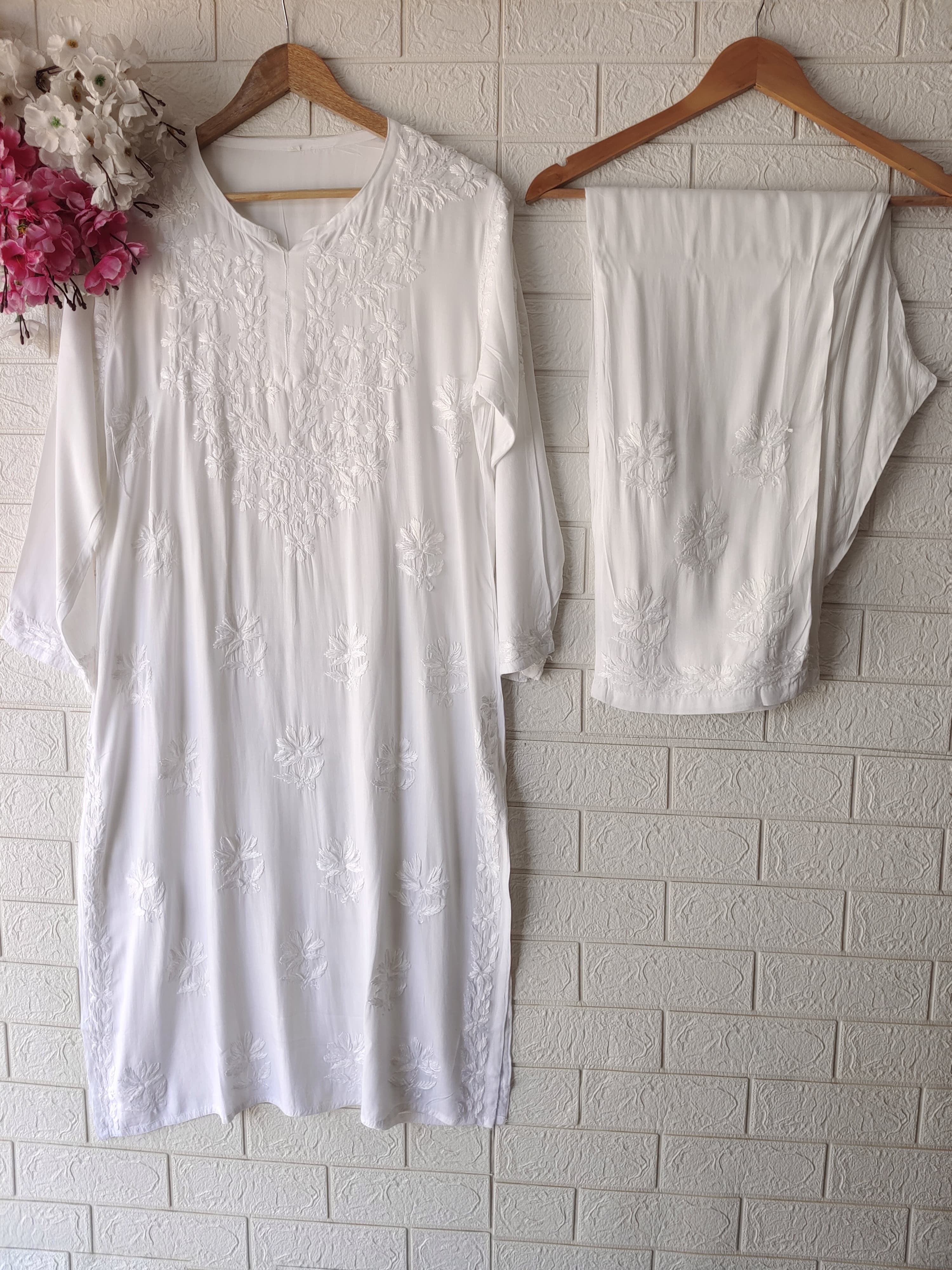 Rayon Highquality Finest White embroidered KurtaSet