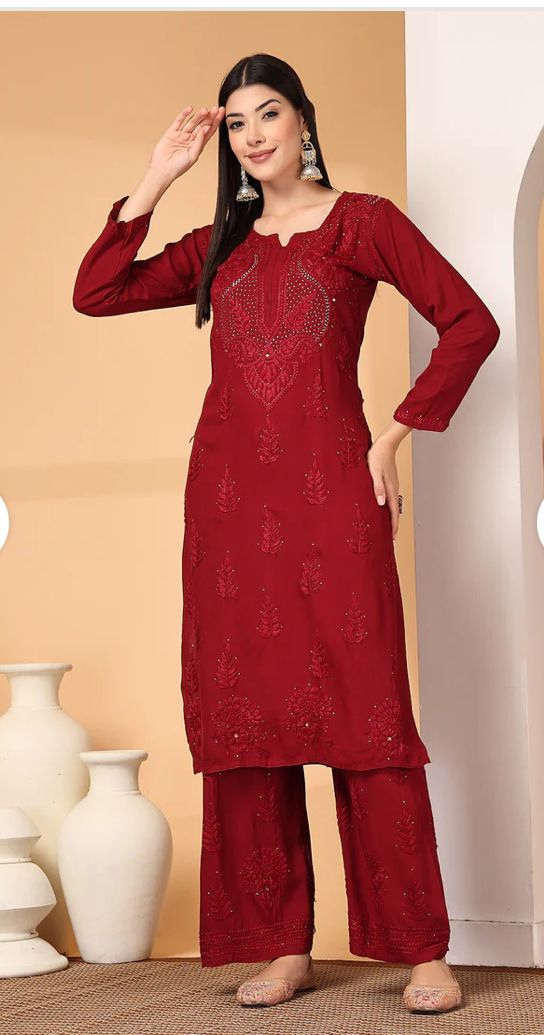 Iddat Muqaish Work Fine Handwork Lucknowi Kurta Plazo Set