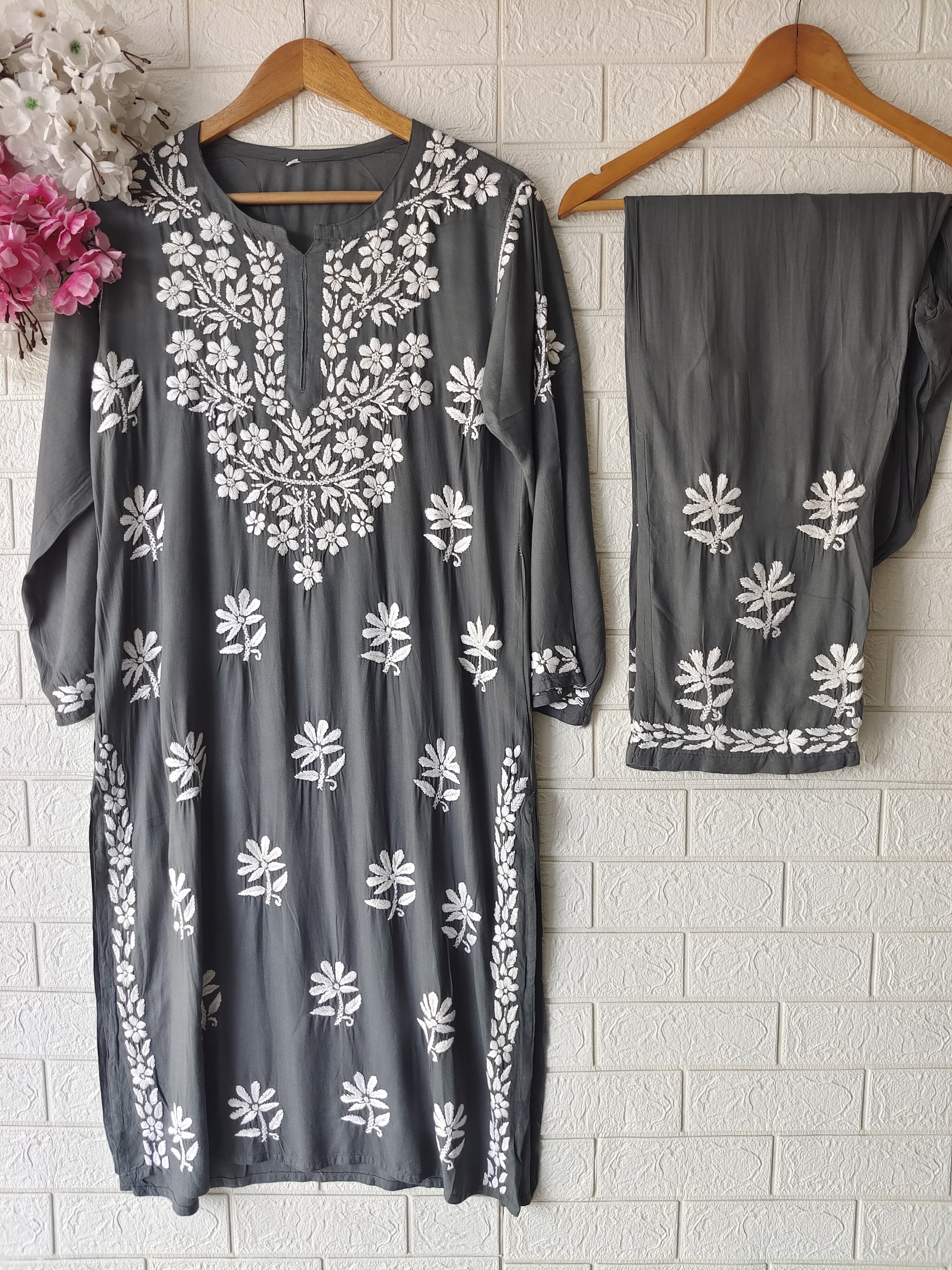 Rayon Highquality Finest White embroidered KurtaSet