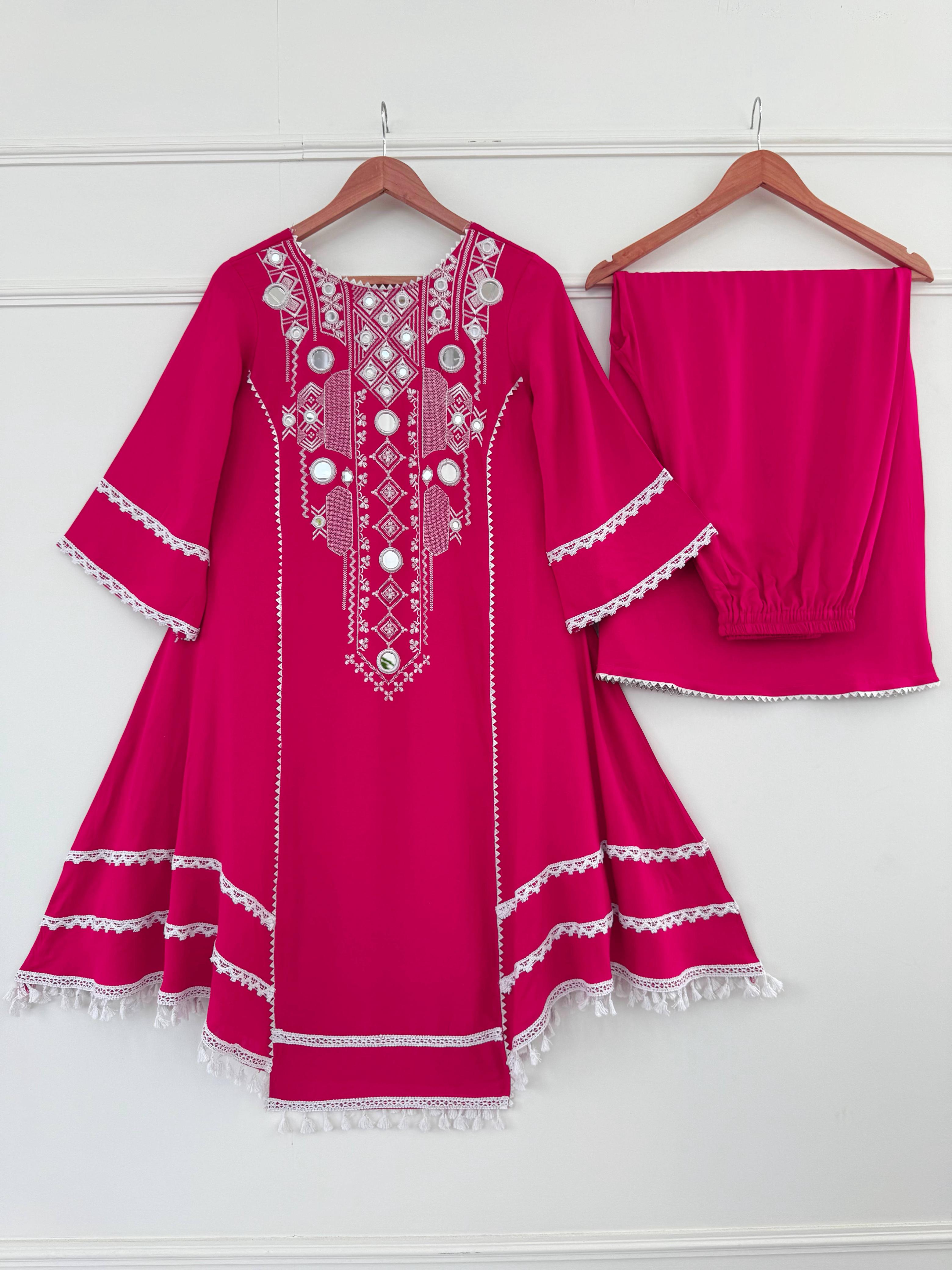 Elegant Rayon Kurti Set with Mirror & Lace Detailing