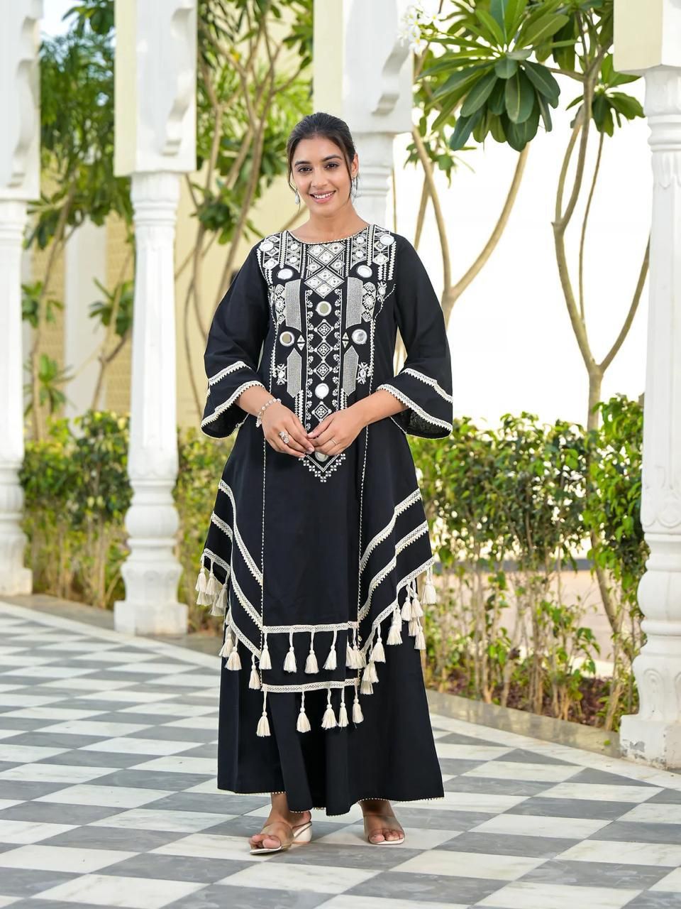 Elegant Rayon Kurti Set with Mirror & Lace Detailing