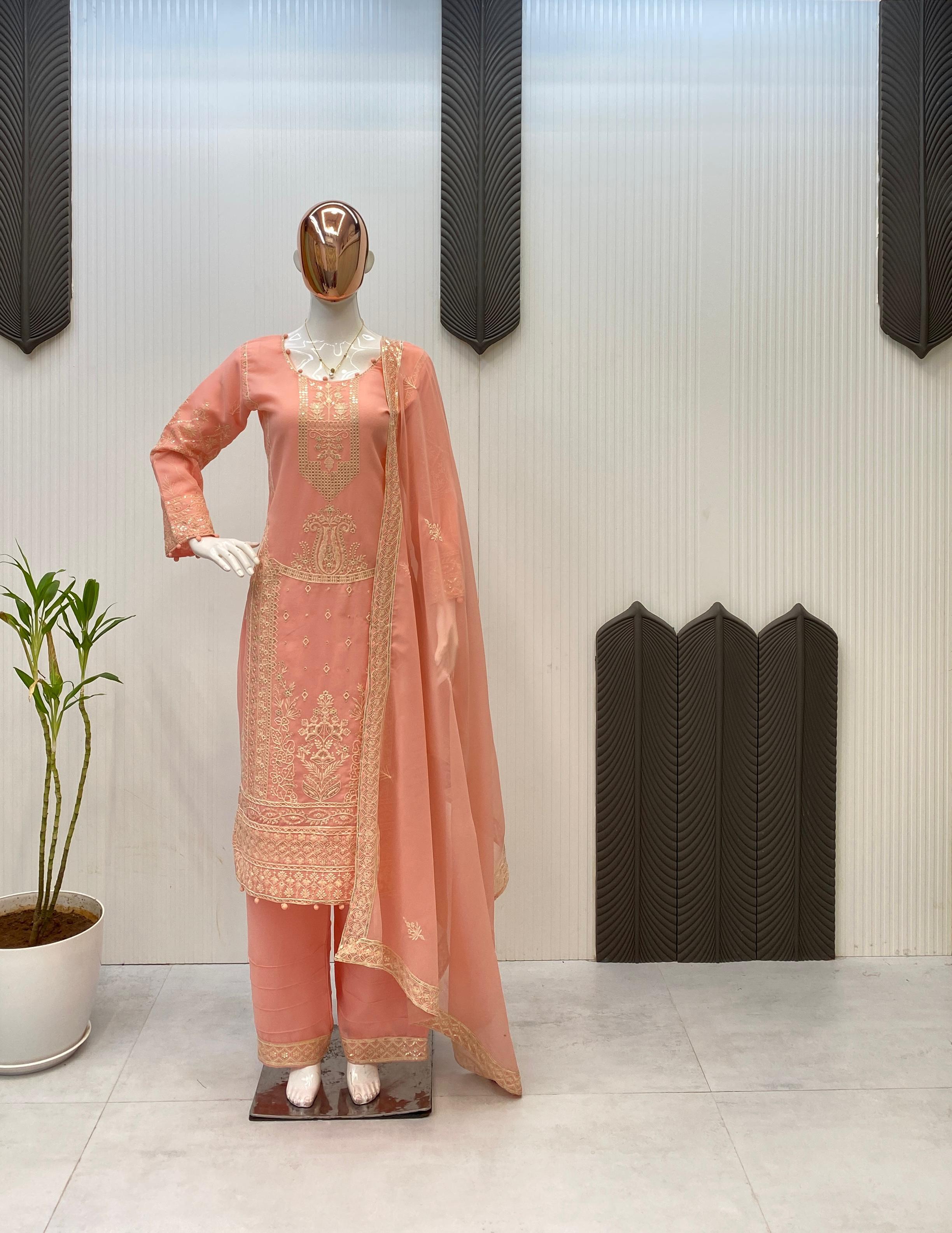 3 PIECE PLAZZO PAIR WITH DUPATTA IN SEQUENCE EMBROIDERY WORK
