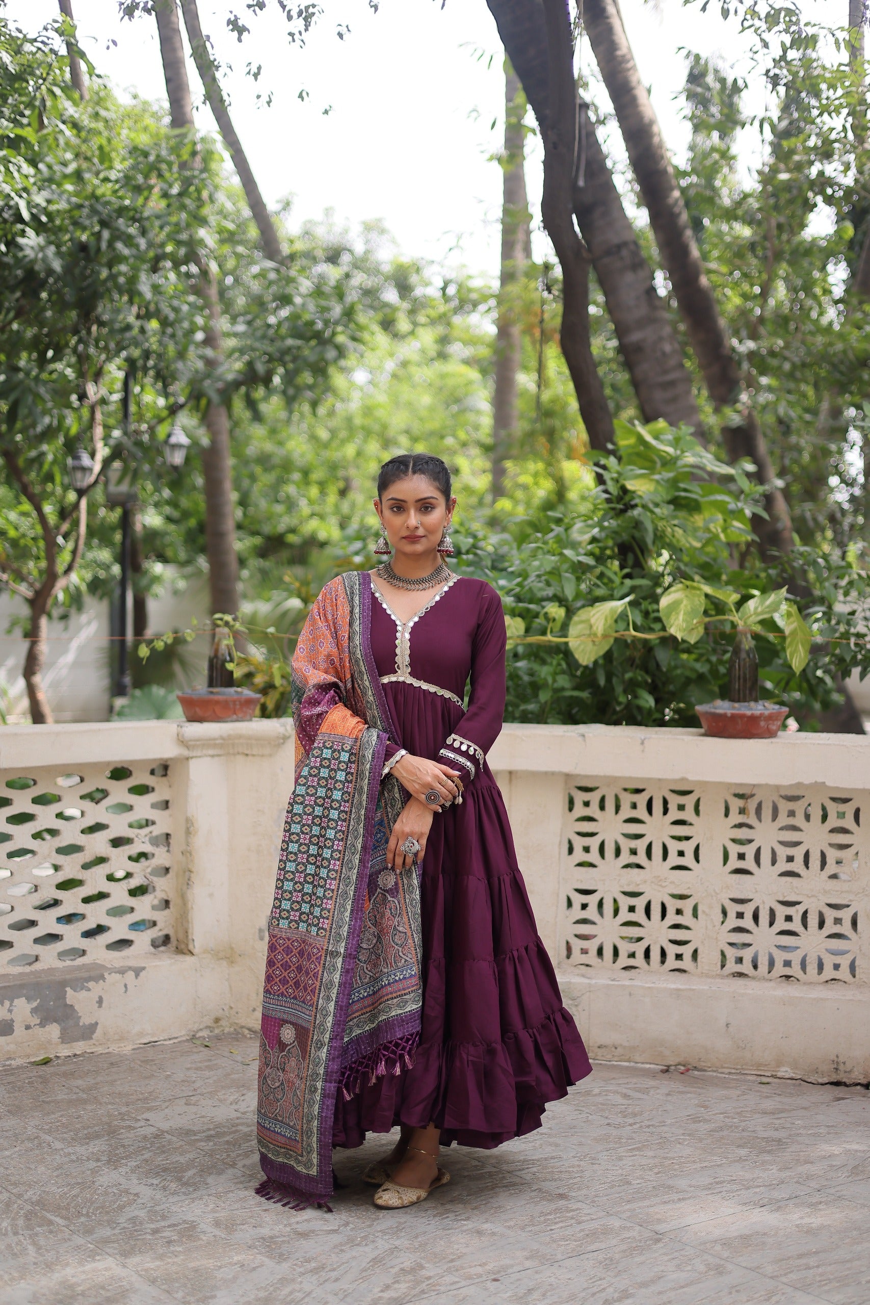 Roman Fabrics With Frill Stitching and mirror lace work