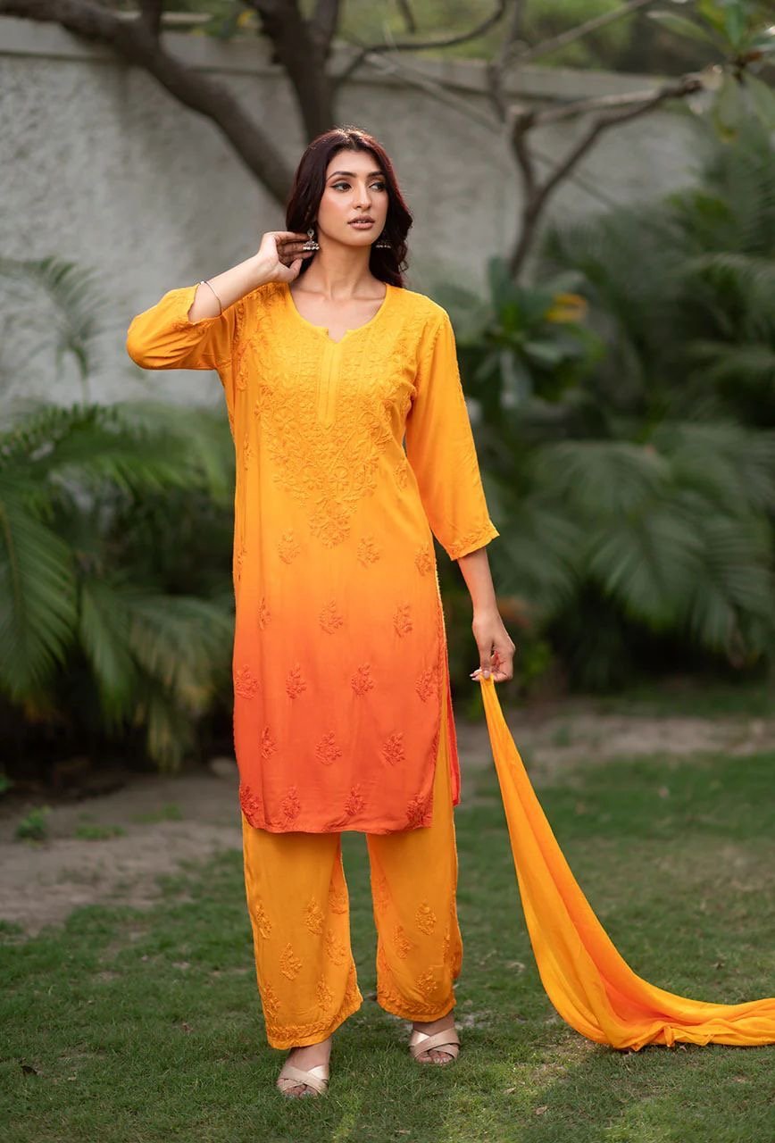 Beautiful Rayon Ombre Chikankari Speical 3pc set - chikankariofficial