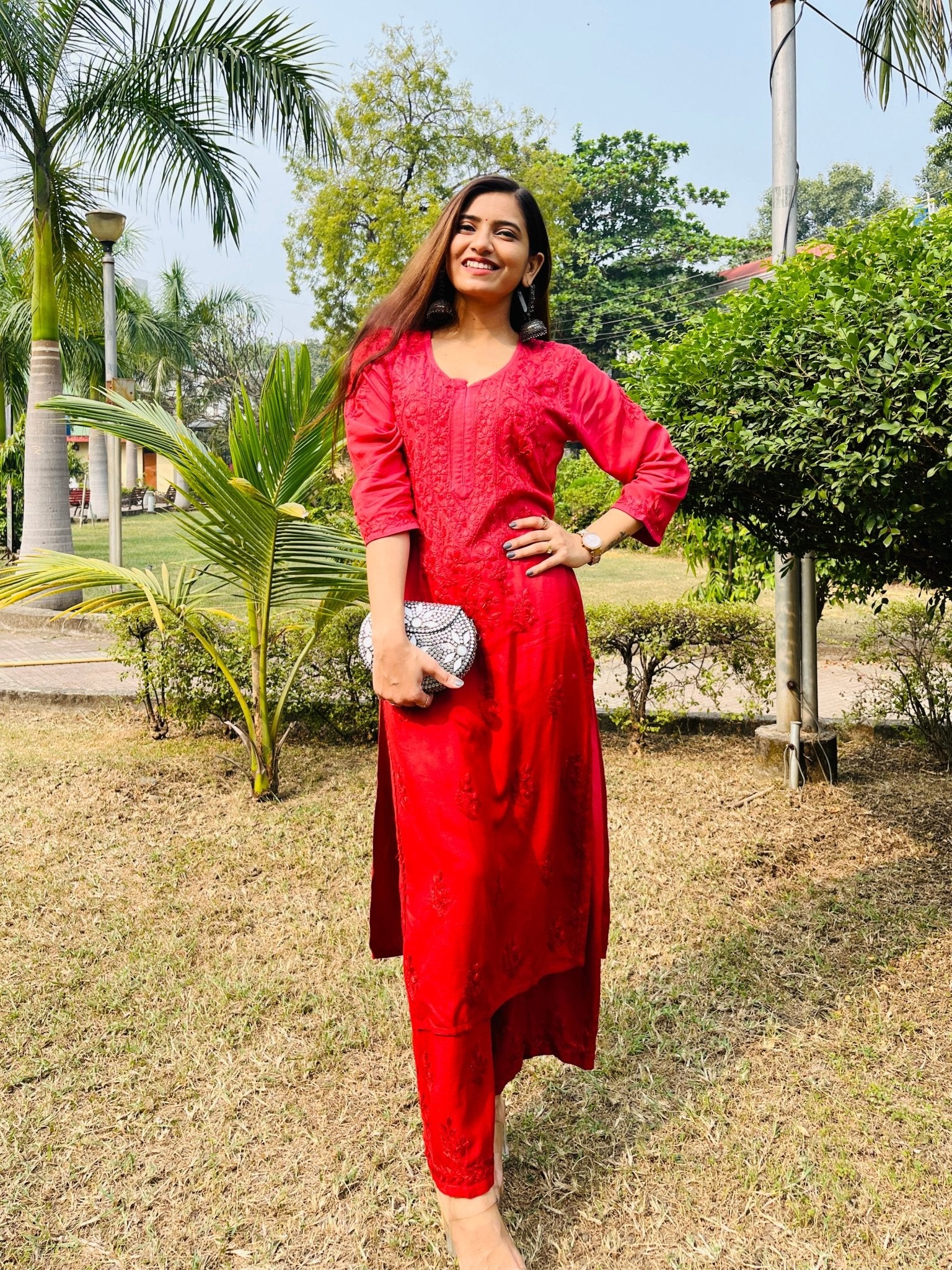 CHIKANKARI OFFICIAL 34 / red Handcrafted Chikan Rayon kurti with plazo Combo