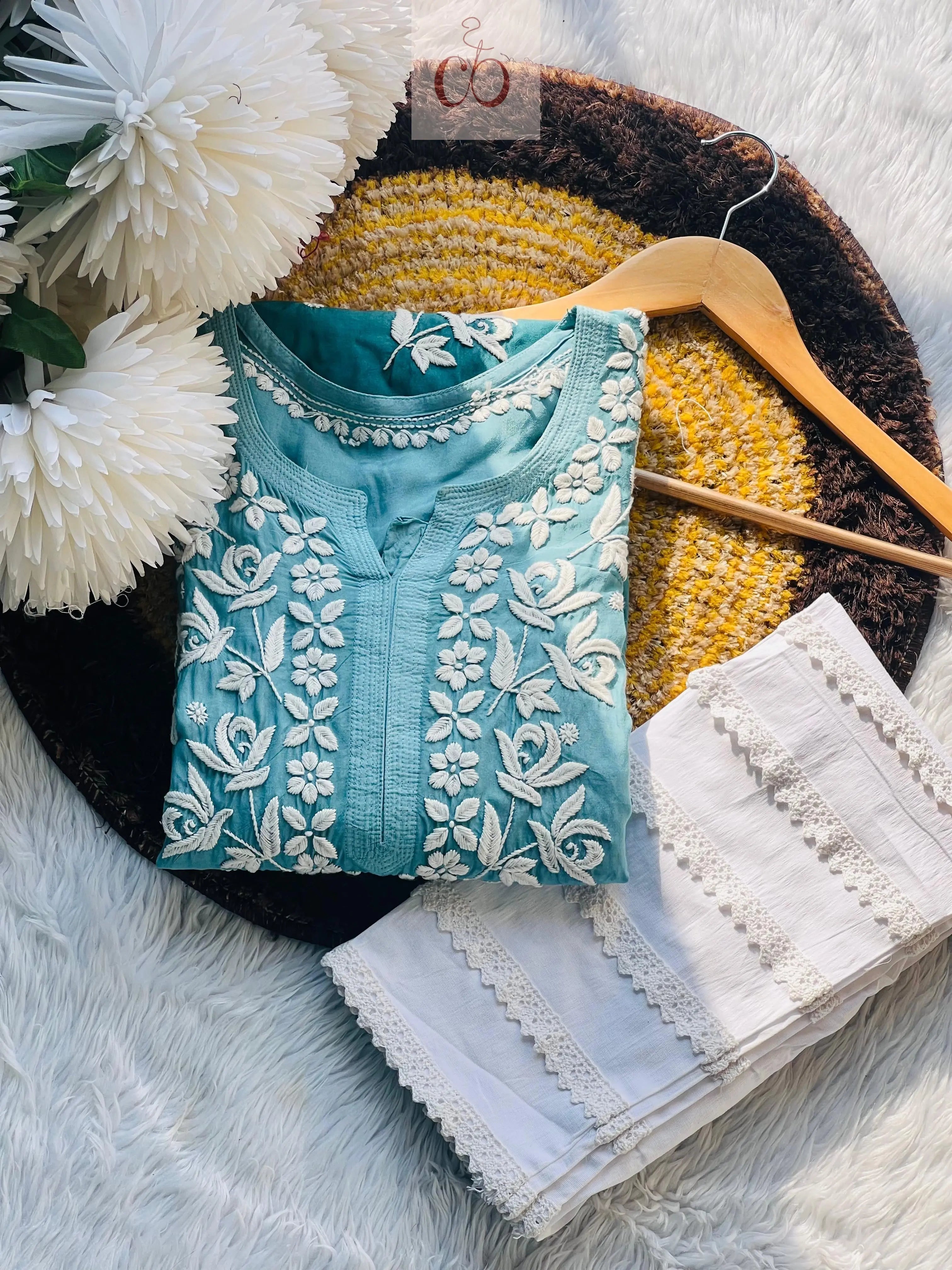 Chikankari Official 38 / Blue Luxe Muslin Adorned 3D
