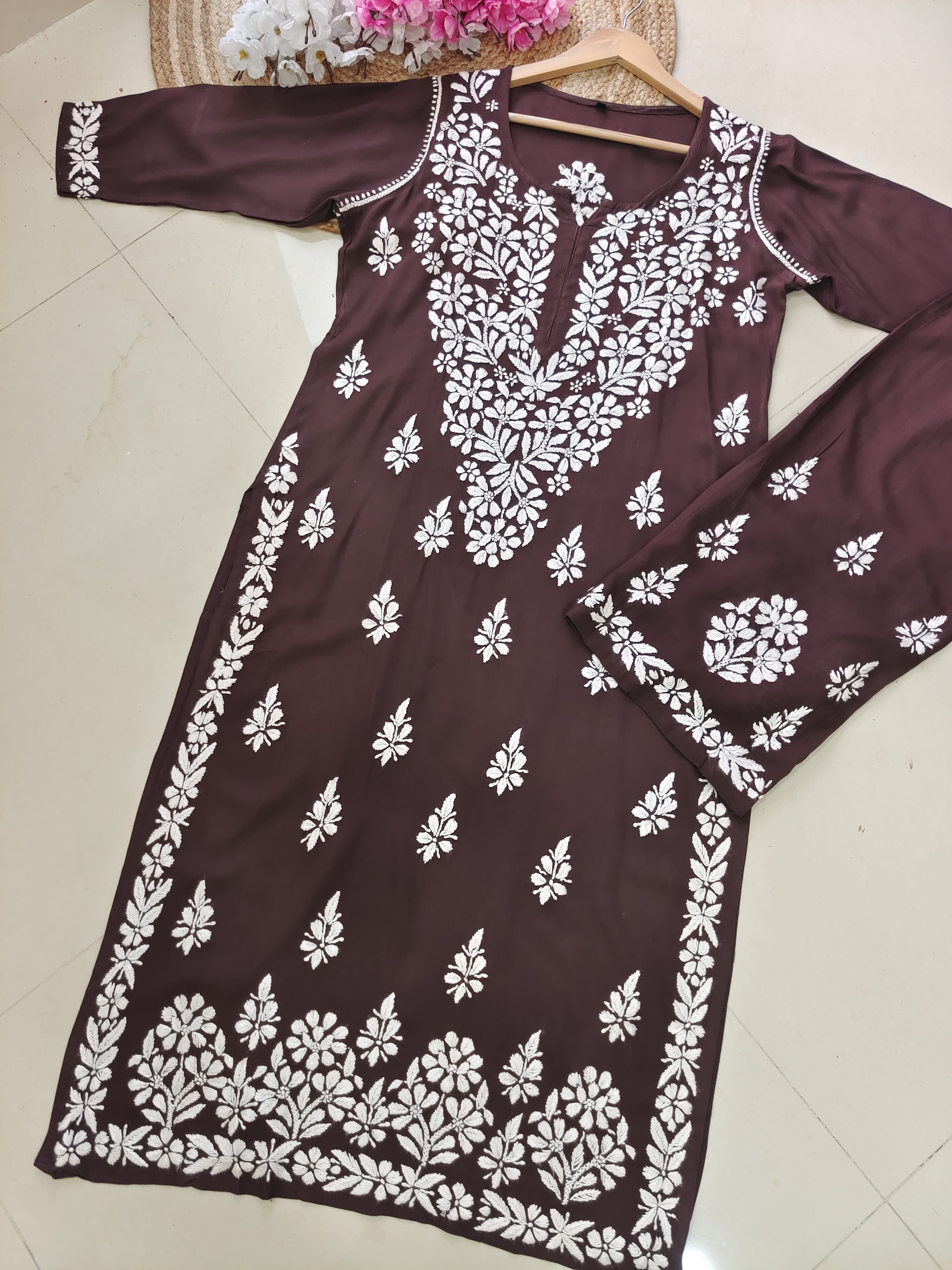 Chikankari Official 38 / brown Rayon Co ord Chikankari Set Flowers Embroidered
