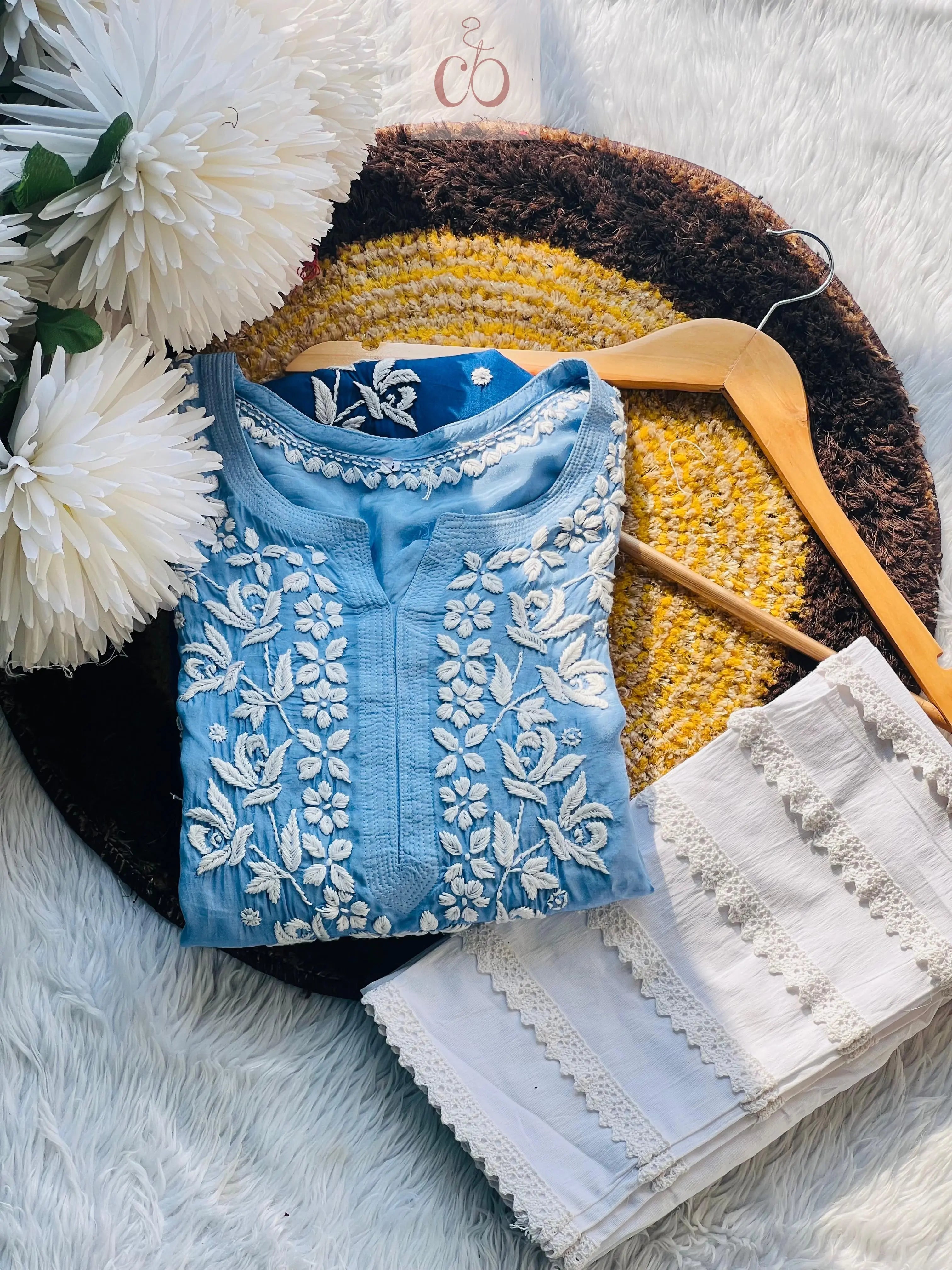 Chikankari Official 38 / Sky Blue Luxe Muslin Adorned 3D