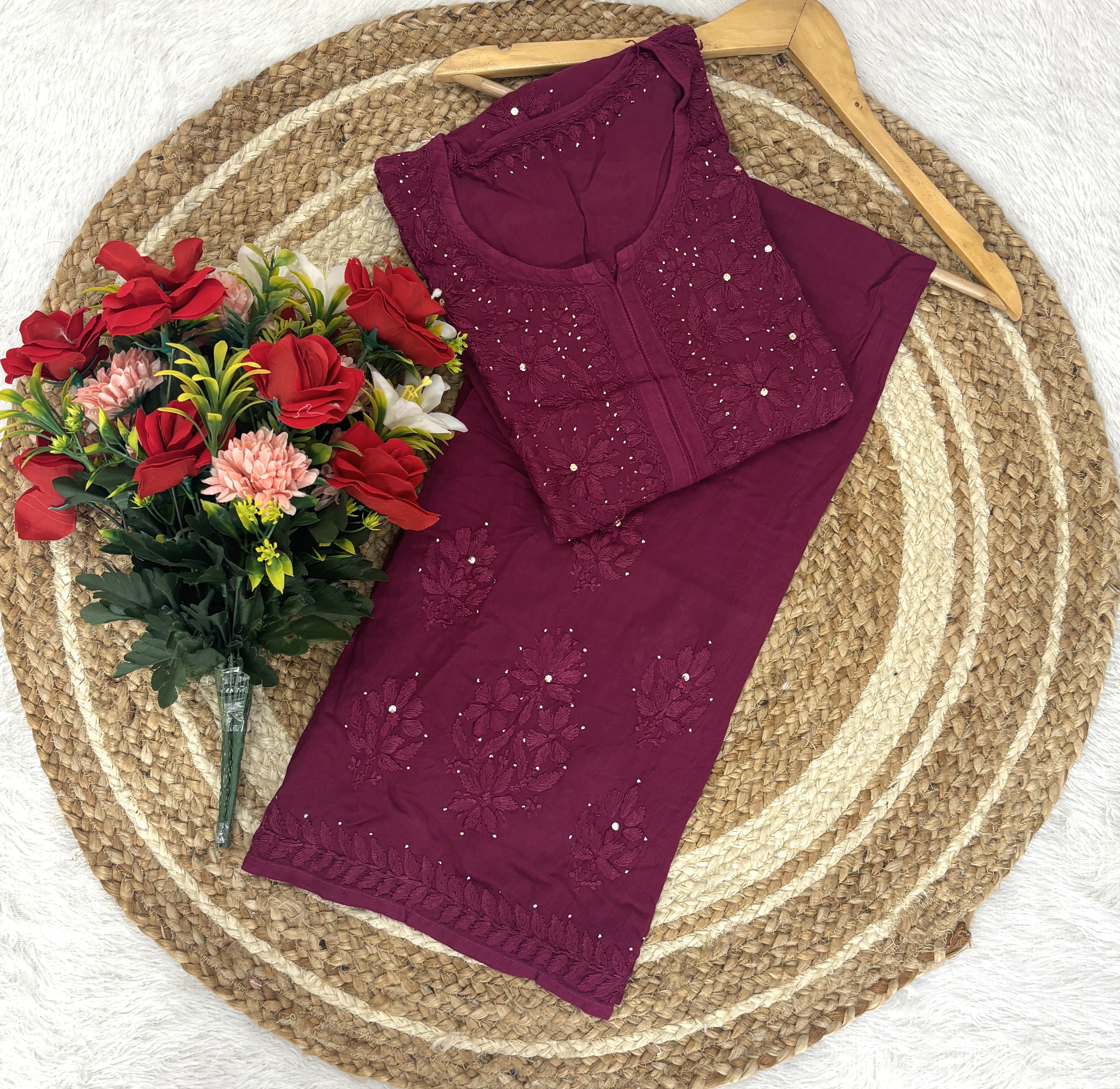 Chikankari Official 38 / wine Muqaish Co ord Rayon Chikankari