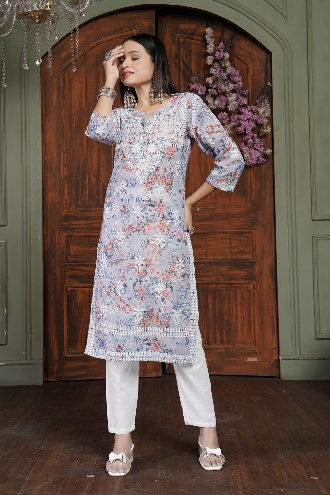 chikankariofficial 38 / pink Heavy Cotton With Digital Print Chikankari Embroidery Work Combo