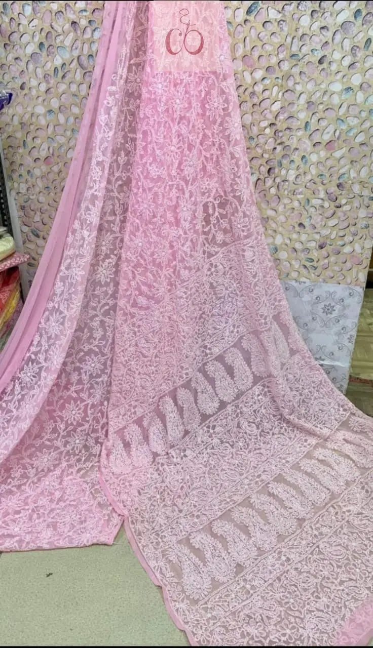 Full Jaal Georgette Saree All over Work Finest Finishing With Blouse - chikankariofficial