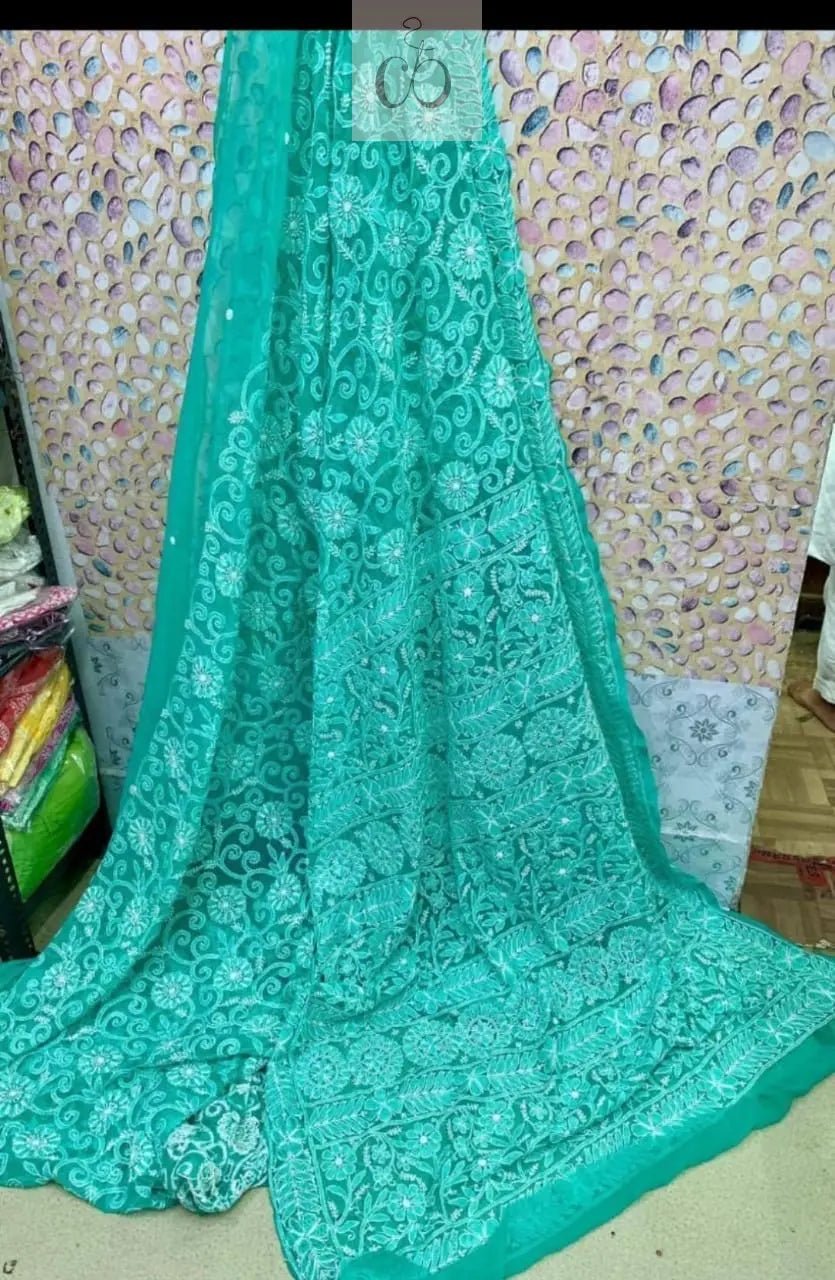 Full Jaal Georgette Saree All over Work Finest Finishing With Blouse - chikankariofficial