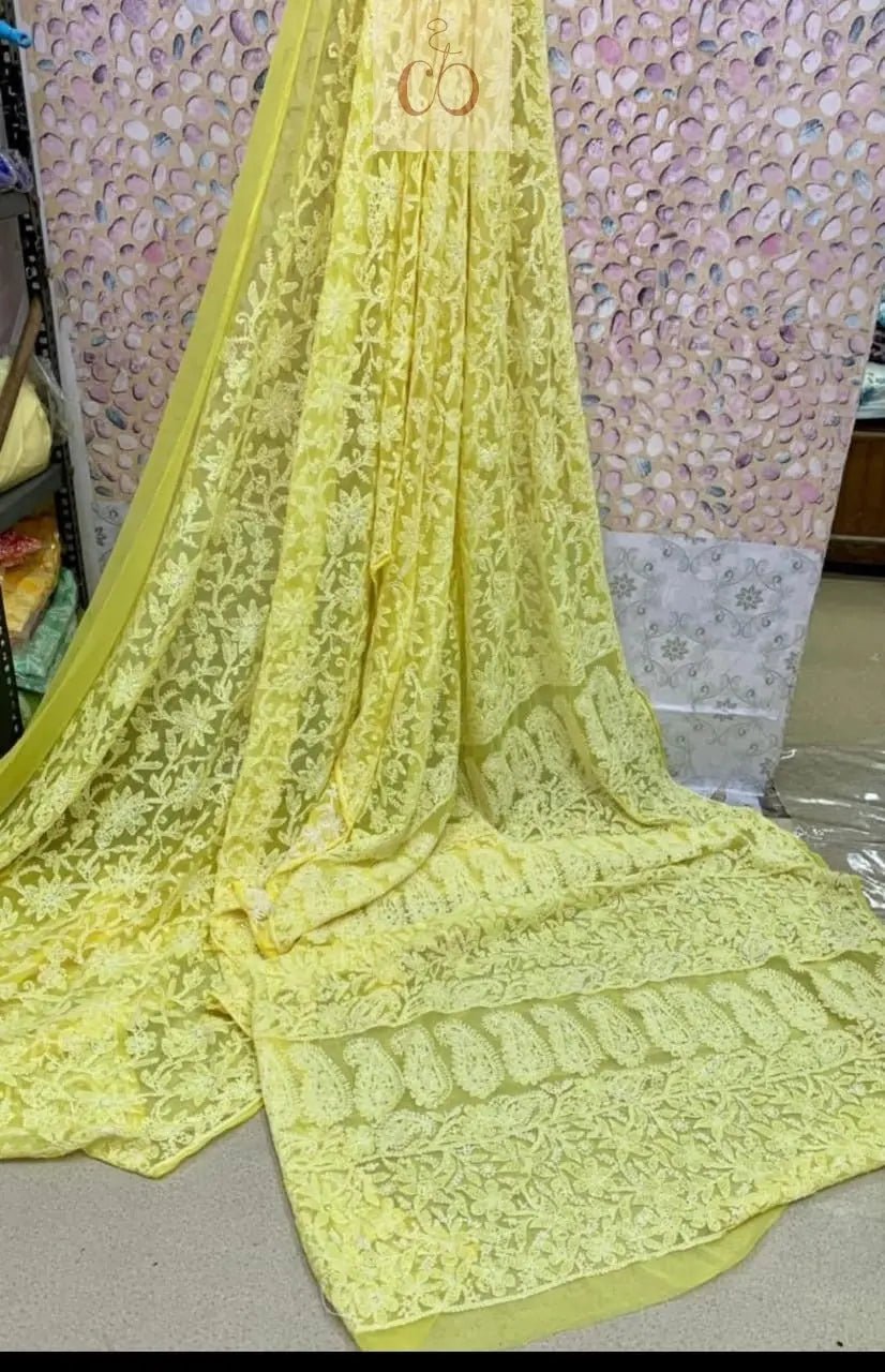 Full Jaal Georgette Saree All over Work Finest Finishing With Blouse - chikankariofficial