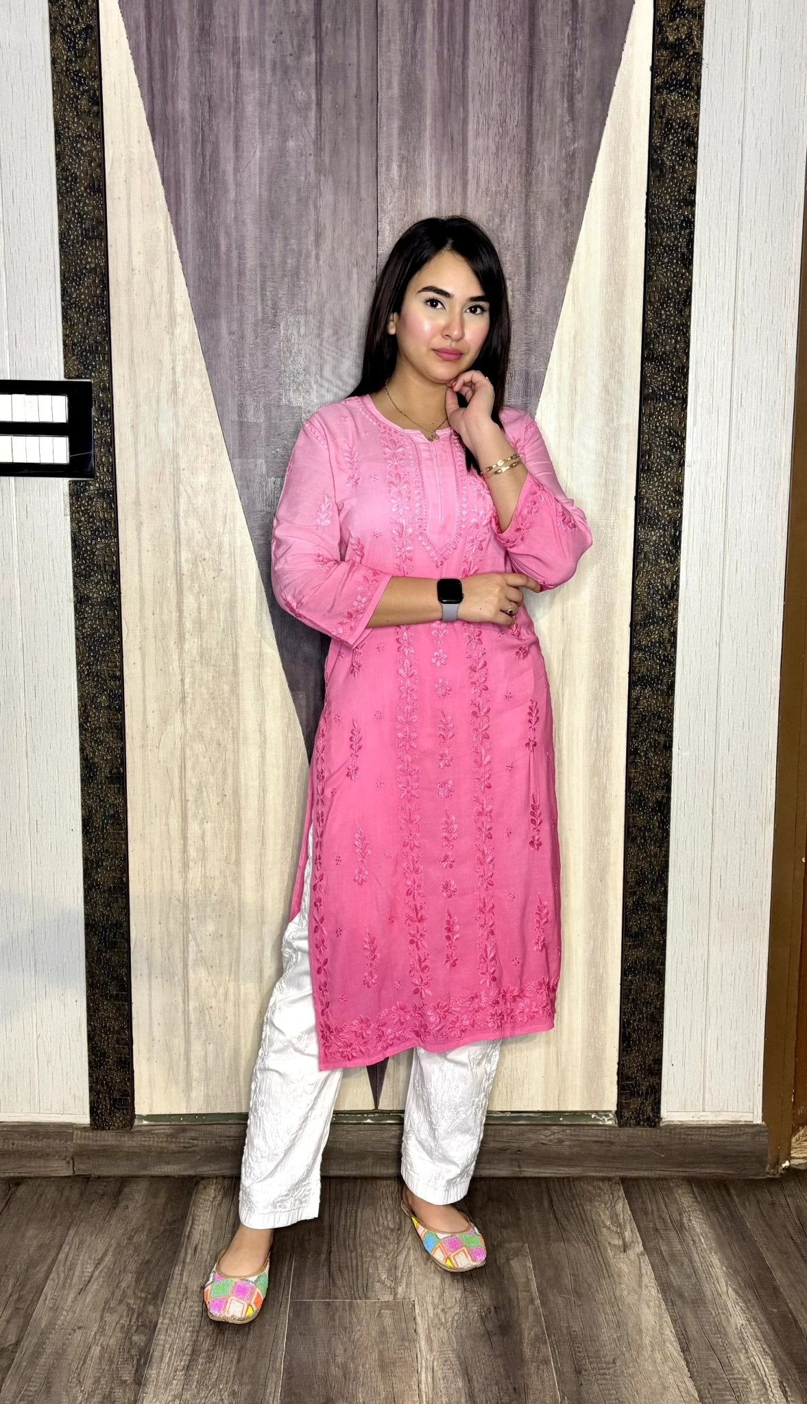 Ghass Patti Chhadi Hand Work Dual Shades Kurti & Lycra Stechble Pant - chikankariofficial