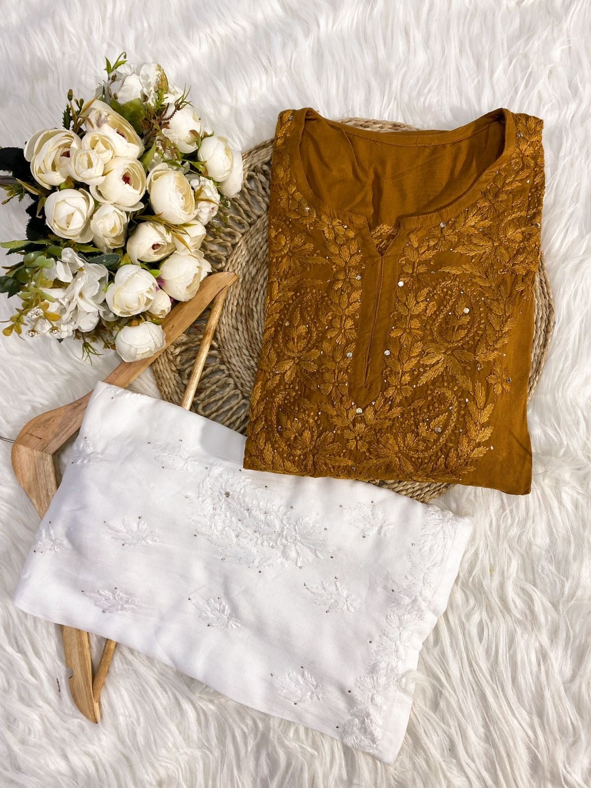 Handcrafted Rayon Muqaish Dyed Chikankari Kurtis - chikankariofficial