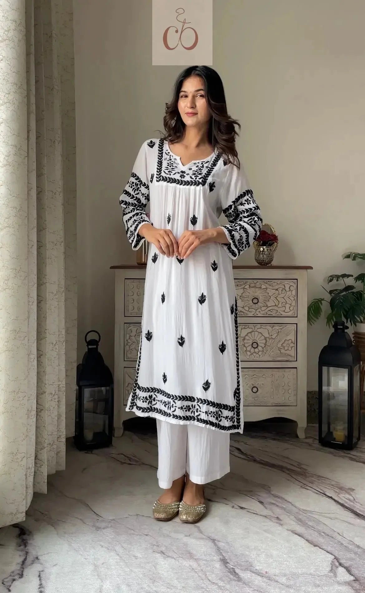 Nyra White With Black Thread Of Chikankari Combo With Pant ( Deepa & Swati Special ) - chikankariofficial