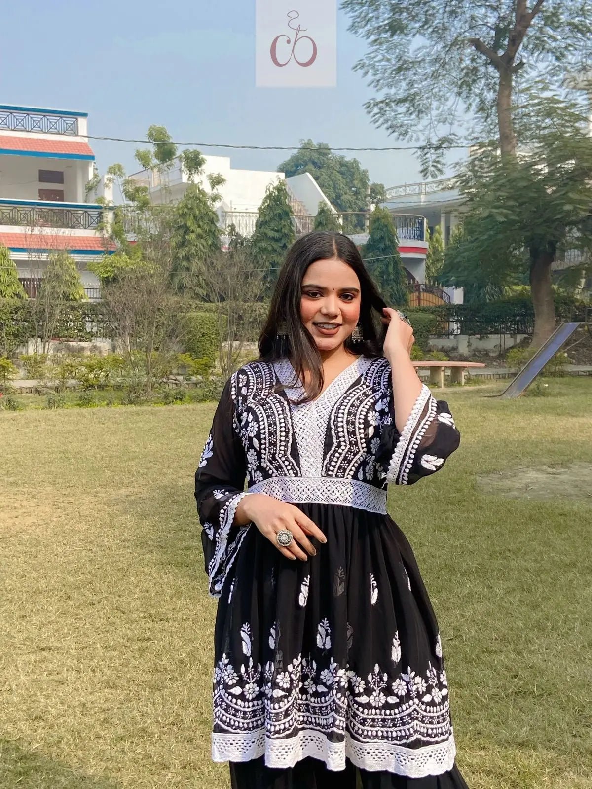 V Lace Chikankari Gharara set - chikankariofficial
