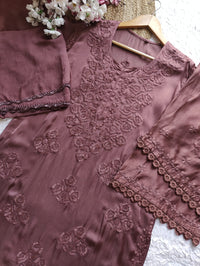 Modal Cotton Satin Embroidered 3pc Set