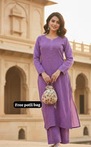 Modal lucknowi Daman rich work Kurta and plazzo with Potli Bag