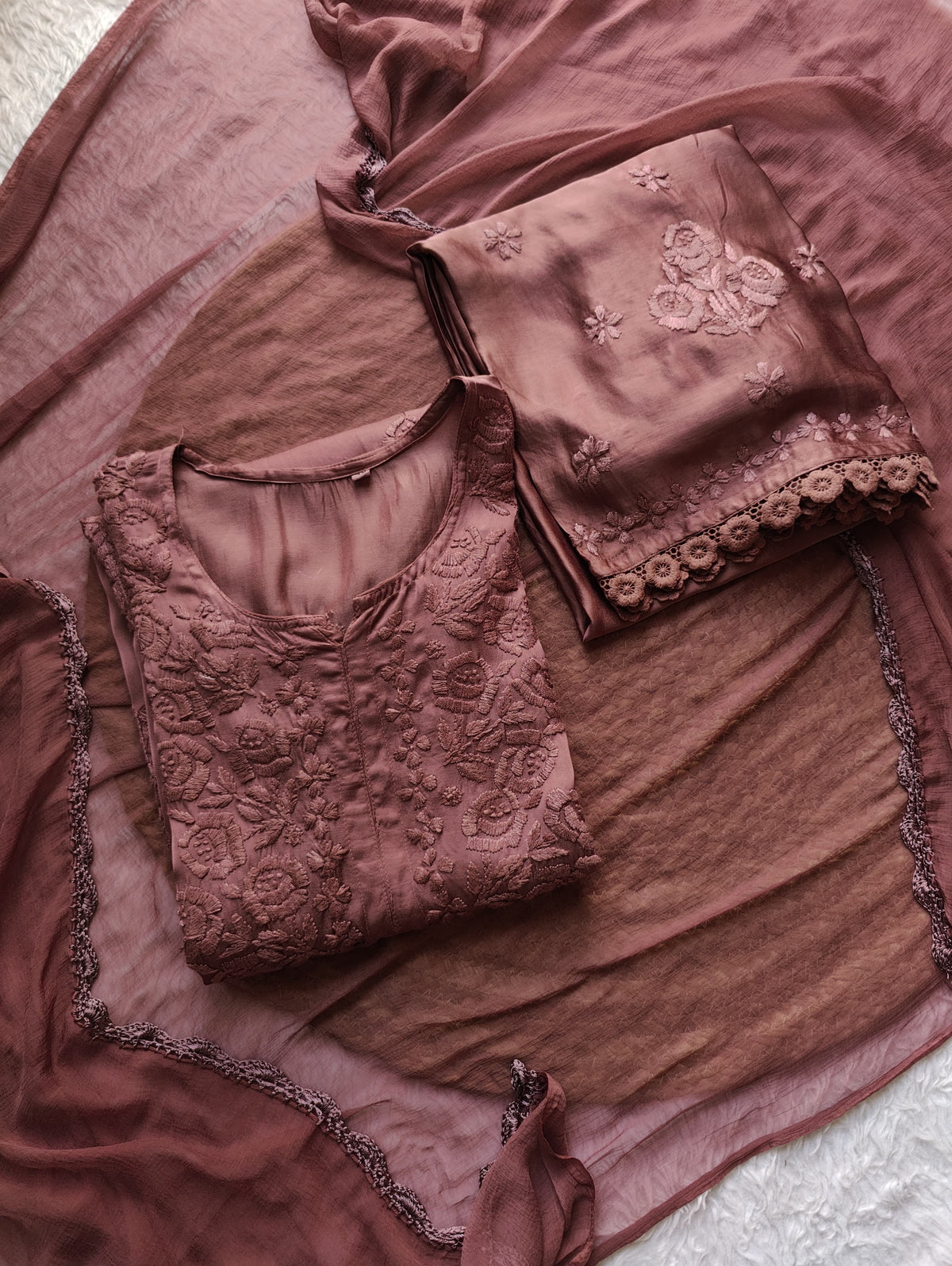 Modal Cotton Satin Embroidered 3pc Set