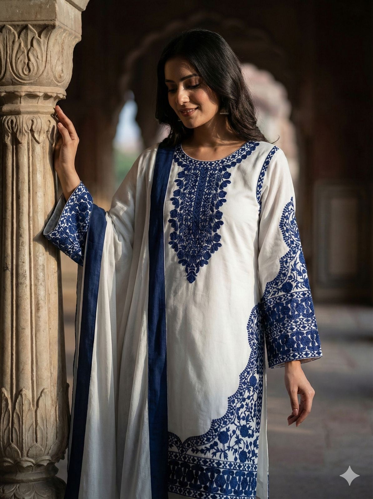 Elegant White & Blue Embroidered Top Plazzo Dupatta Set