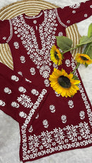 Reyon heavy work chikankari white embroidered set