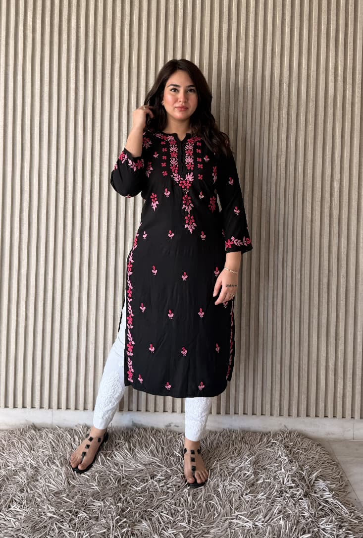 Soft Rayon Black Base Kurta with Pink Chikankari thread
