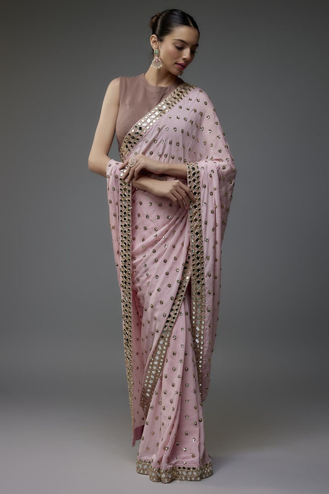 Sequins Baby Peach heavy Faux Georgette saree