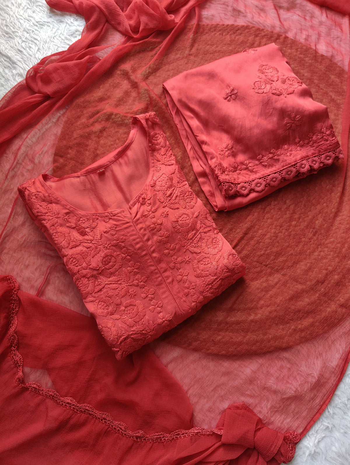 Modal Cotton Satin Embroidered 3pc Set