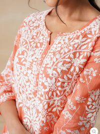 Zainab Chikankari Mulmul Printed Straight Kurta -Orange