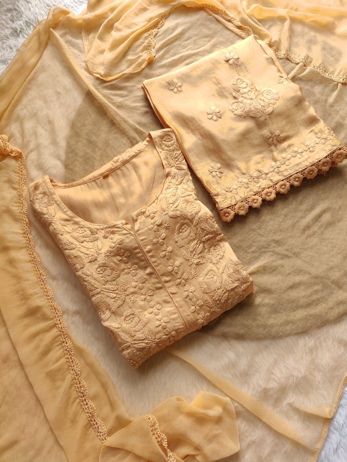 Modal Cotton Satin Embroidered 3pc Set