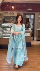 Pure Glass Sarin with Farshi Salwar & Dupatta Sky Blue Set - Chikankari official