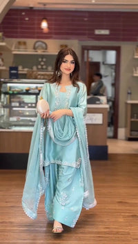 Pure Glass Sarin with Farshi Salwar & Dupatta Sky Blue Set - Chikankari official
