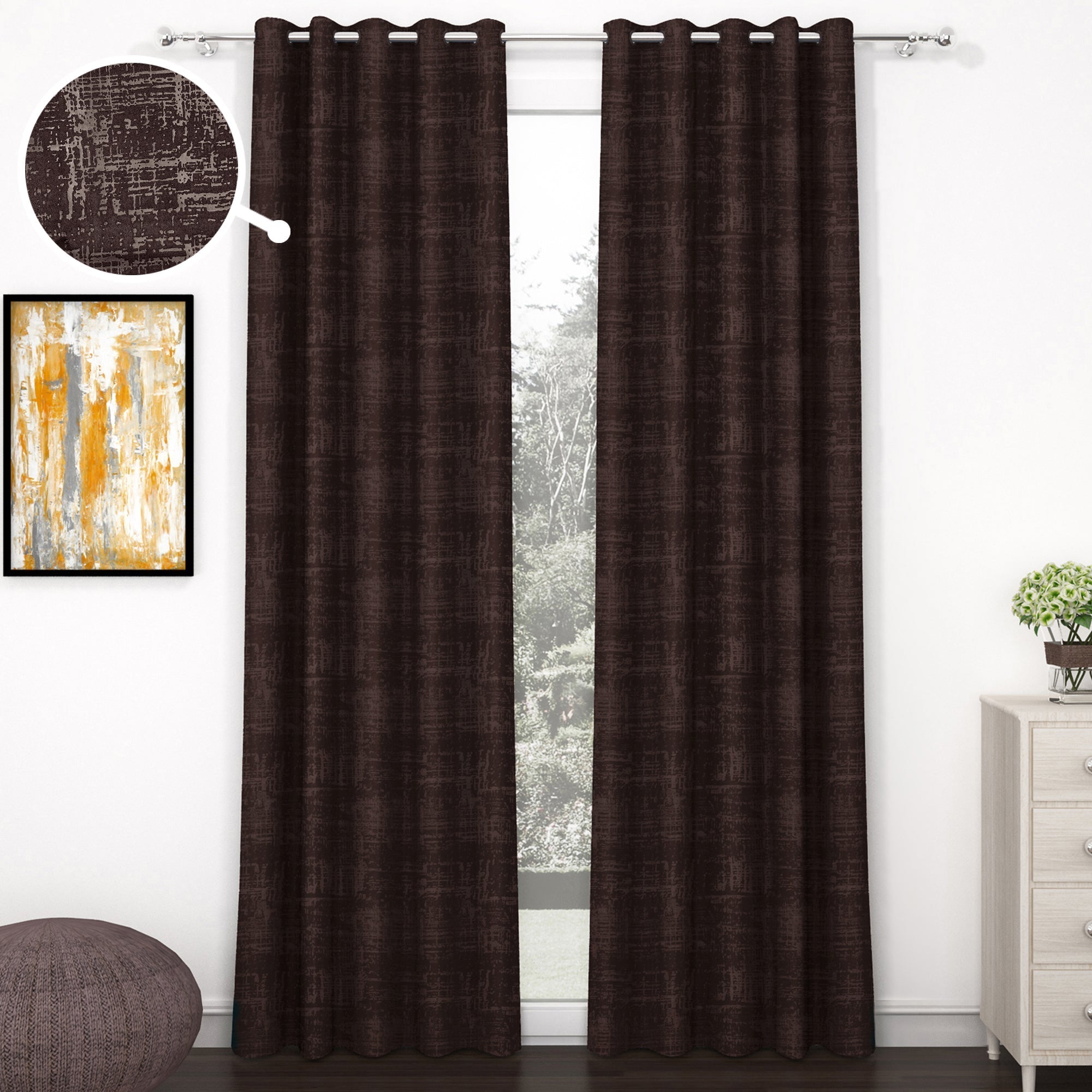 2 Pcs Brown Grunge Blackout Emboss Faux Silk Room Darkening Window/Door/Long Door Curtains