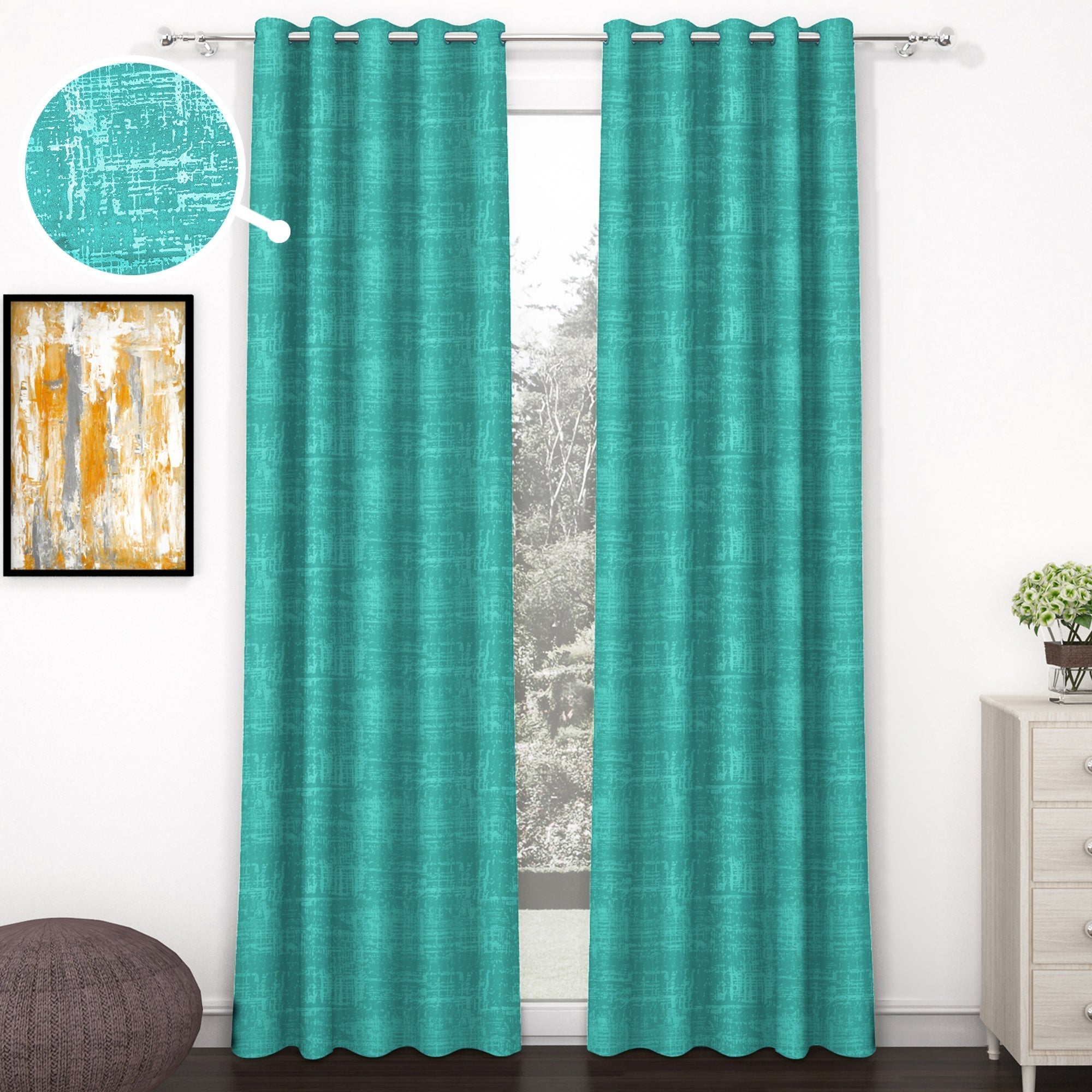 2 Pcs Cyan Grunge Blackout Emboss Faux Silk Room Darkening Window/Door/Long Door Curtains