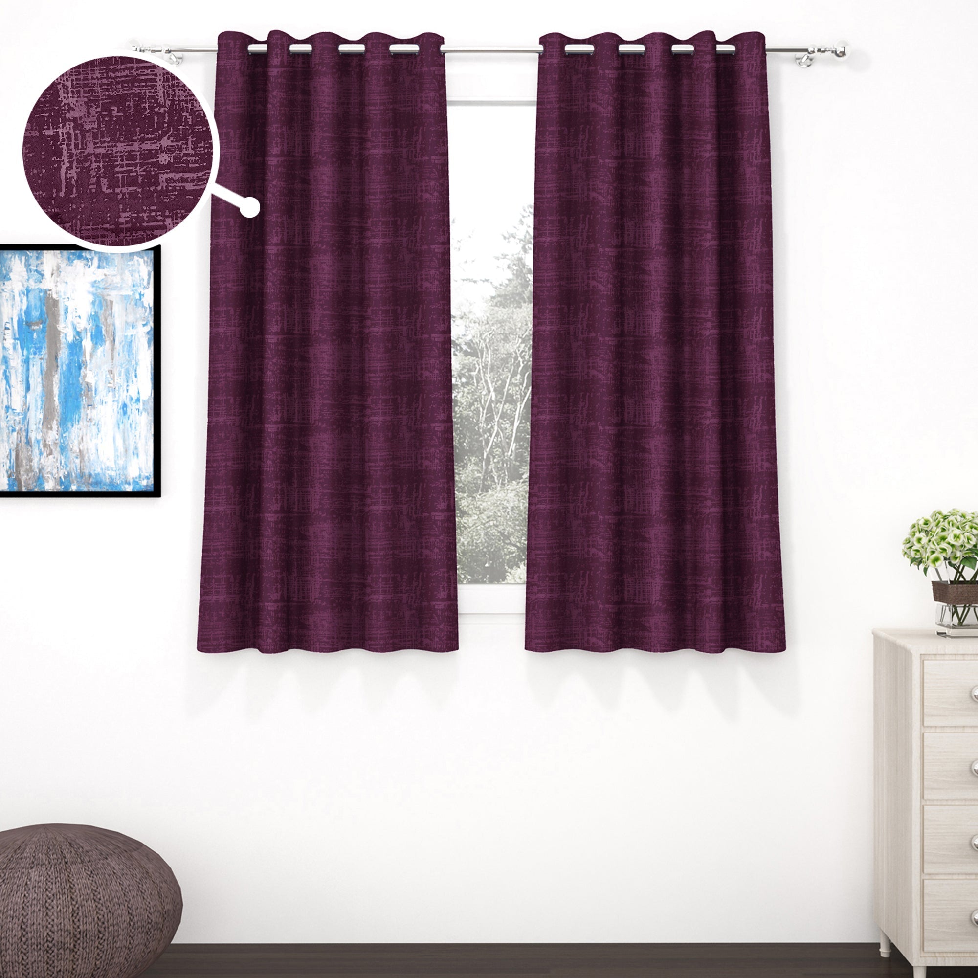 2 Pcs Maroon Grunge Blackout Emboss Faux Silk Room Darkening Window/Door/Long Door Curtains