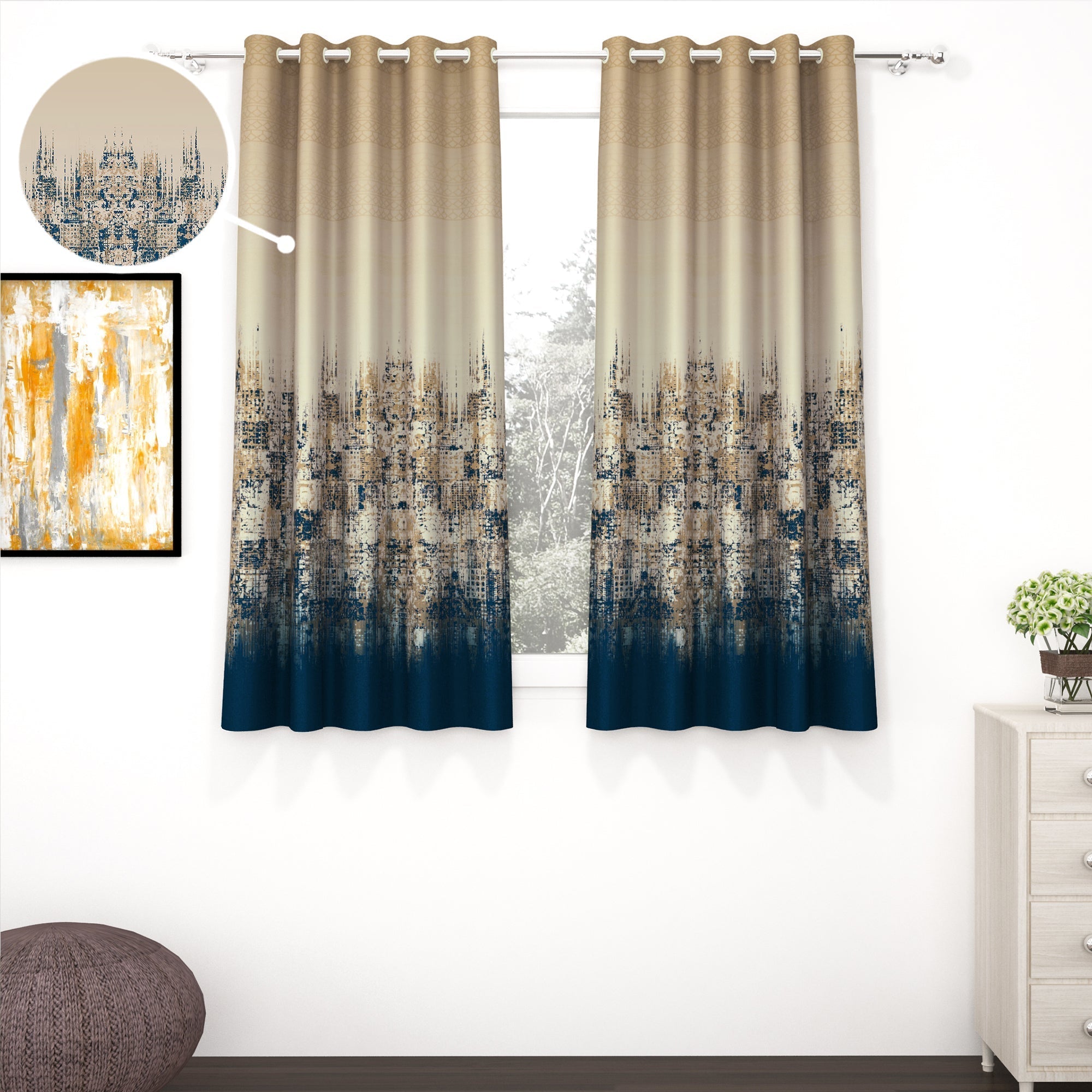 2 Pcs Beige & Blue Abstract Digital Faux Silk Medium room Darkening Window | Door | Long Door Curtains