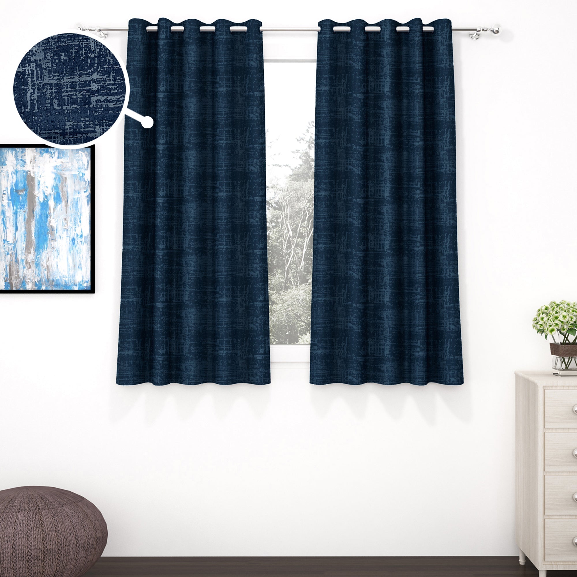 2 Pcs Navy Blue Grunge Blackout Emboss Faux Silk Room Darkening Window/Door/Long Door Curtains