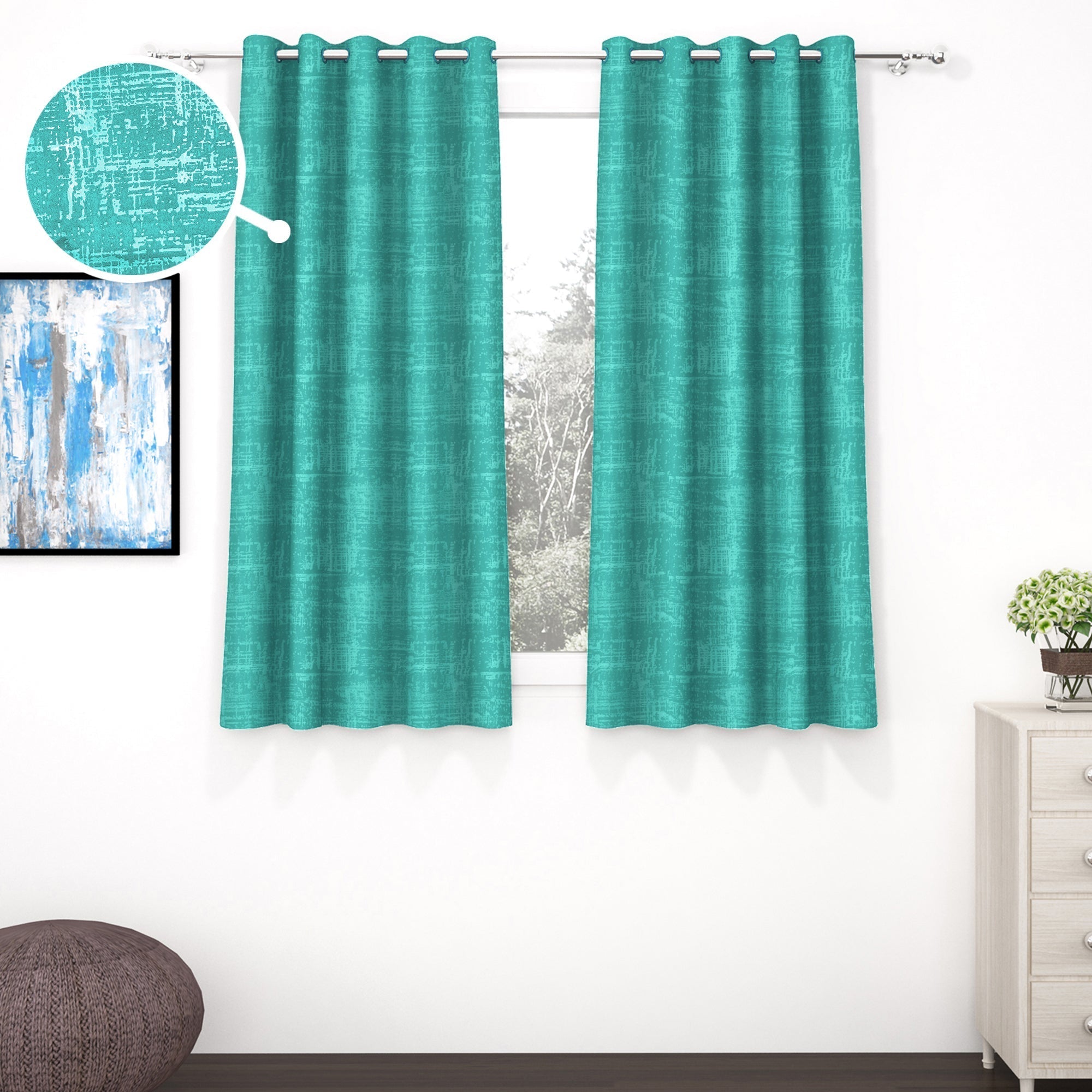 2 Pcs Cyan Grunge Blackout Emboss Faux Silk Room Darkening Window/Door/Long Door Curtains