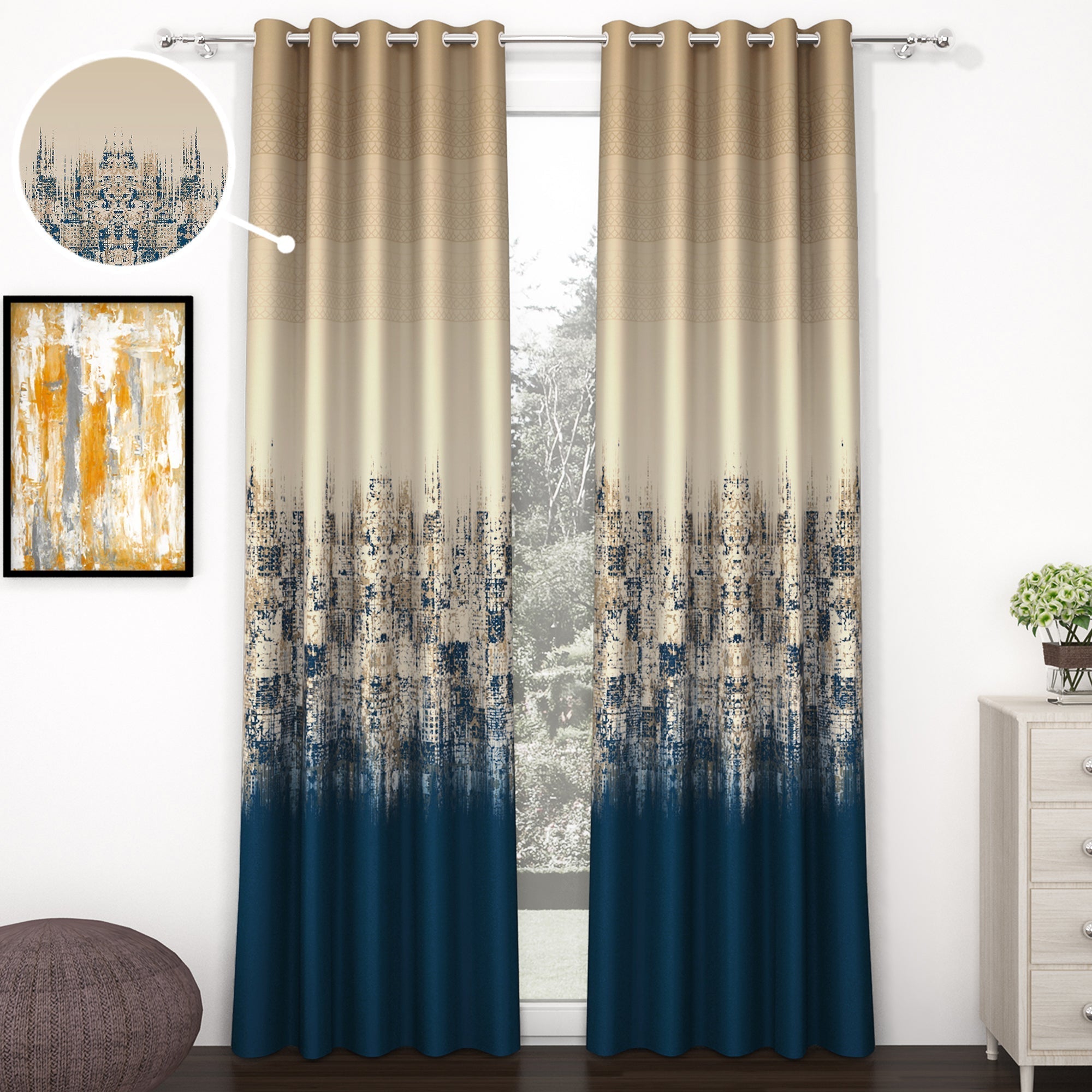 2 Pcs Beige & Blue Abstract Digital Faux Silk Medium room Darkening Window | Door | Long Door Curtains