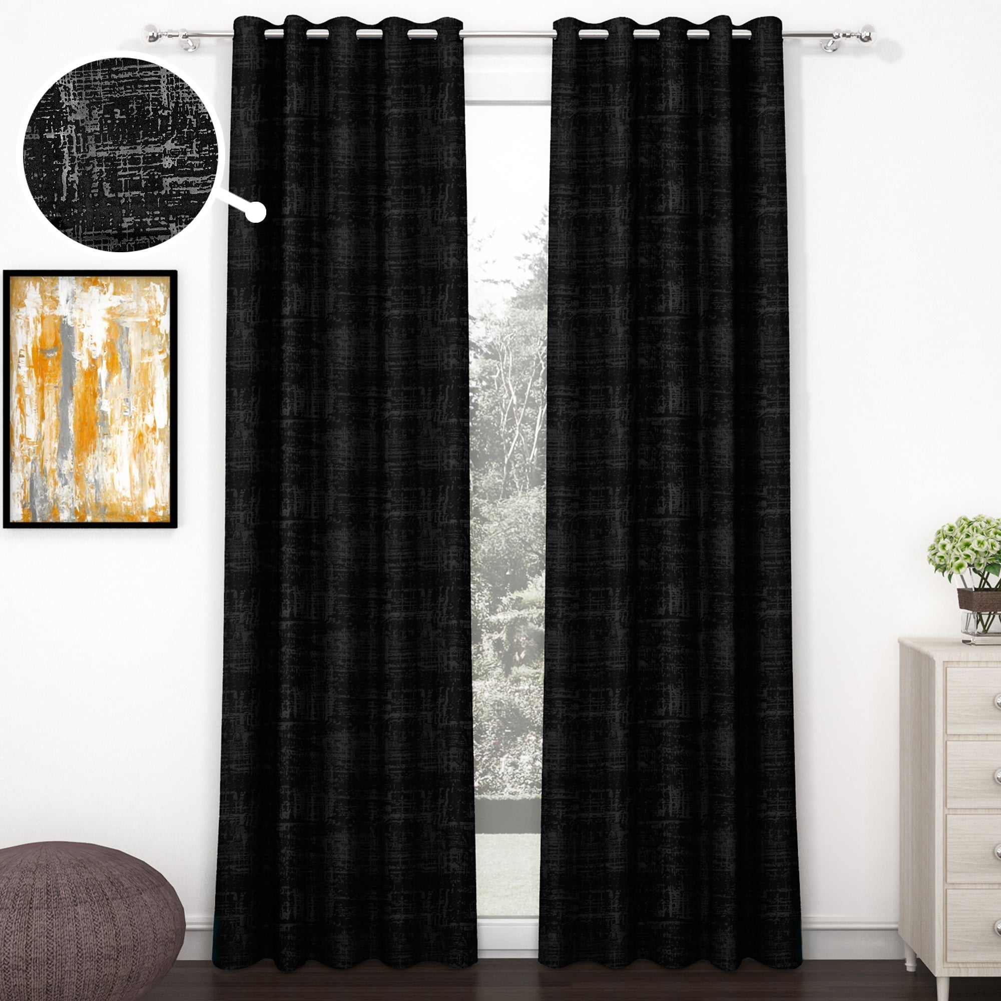 2 Pcs Black Grunge Blackout Emboss Faux Silk Room Darkening Window/Door/Long Door Curtains