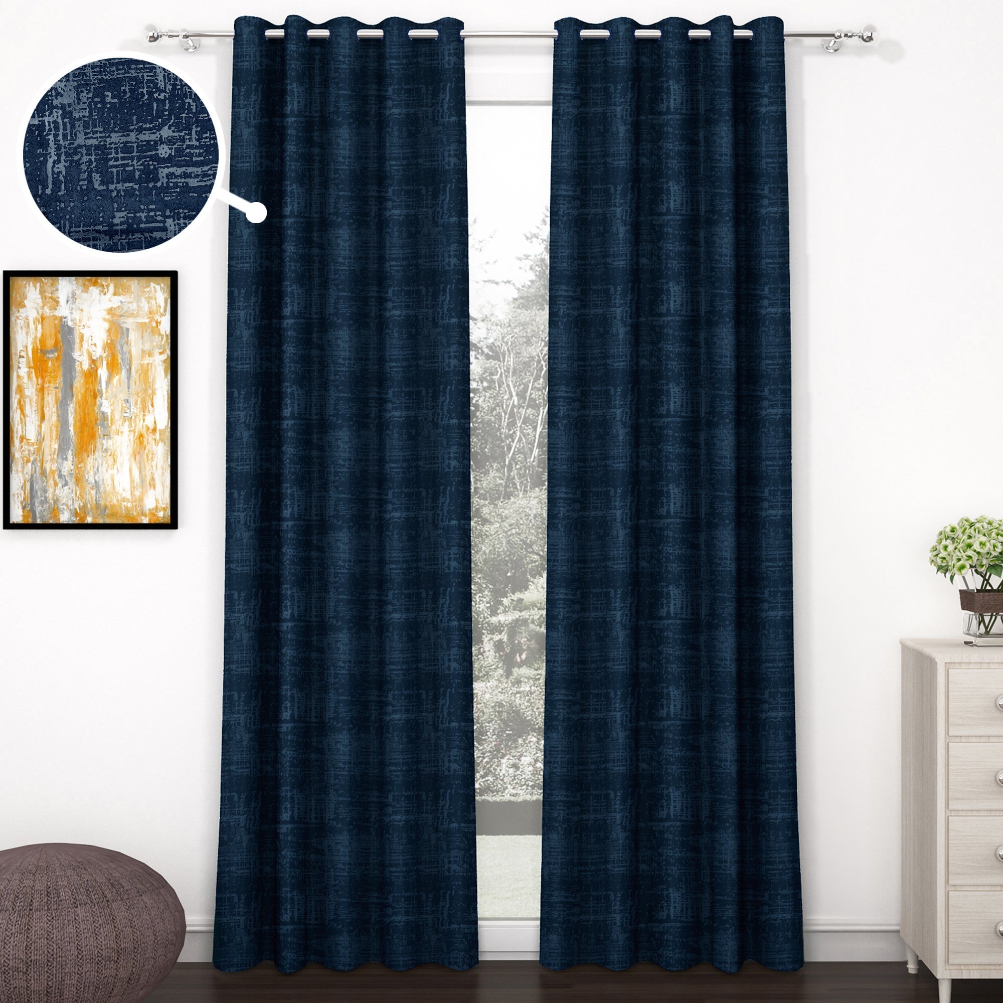 2 Pcs Navy Blue Grunge Blackout Emboss Faux Silk Room Darkening Window/Door/Long Door Curtains
