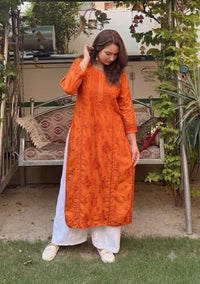 Chanderi 3d Gala Panel chikankari kurti