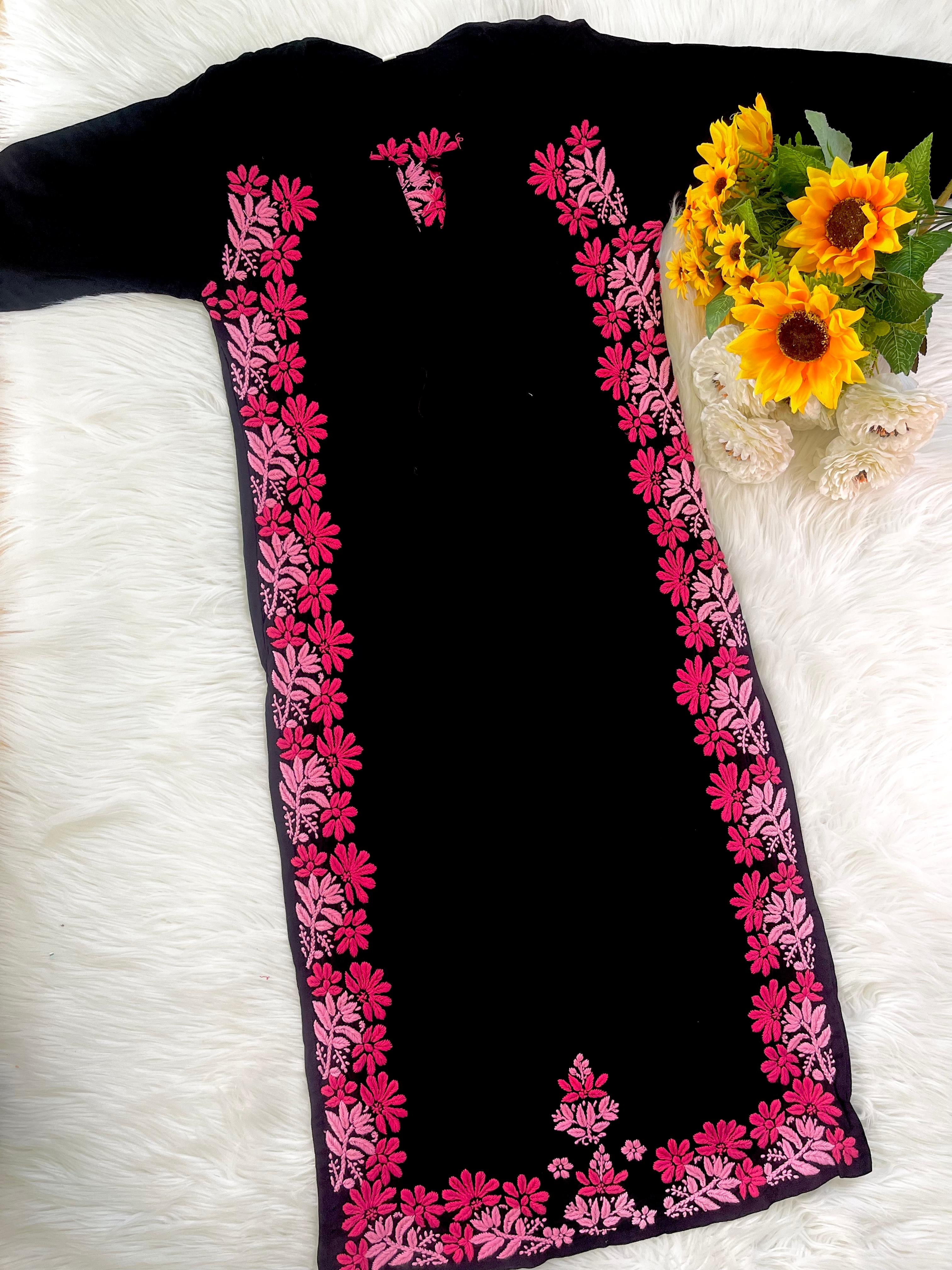 Glowing pink thread Black Base Chikankari Long Kurta