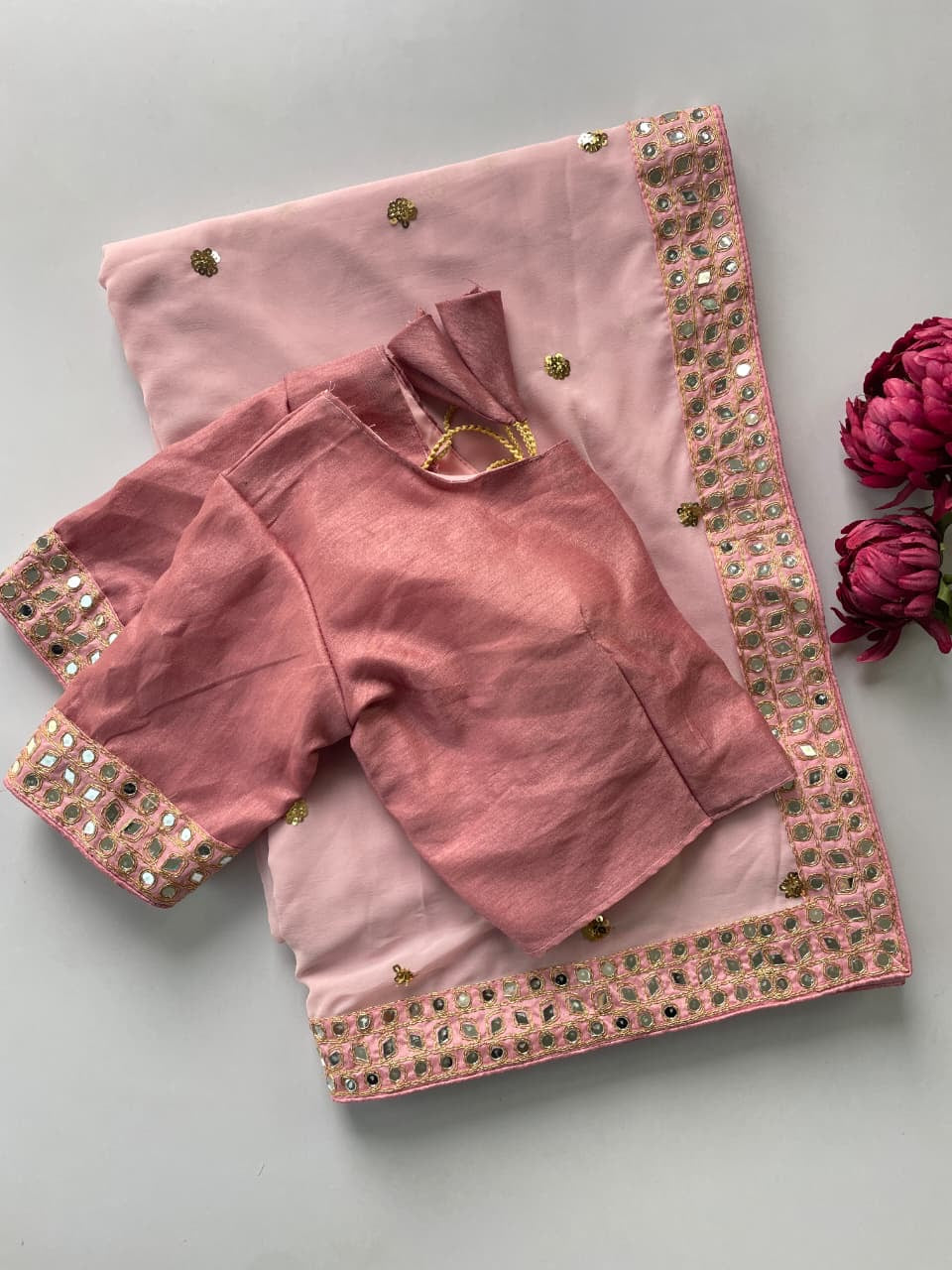 Sequins Baby Peach heavy Faux Georgette saree