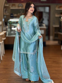Pure Glass Sarin with Farshi Salwar & Dupatta Sky Blue Set - Chikankari official