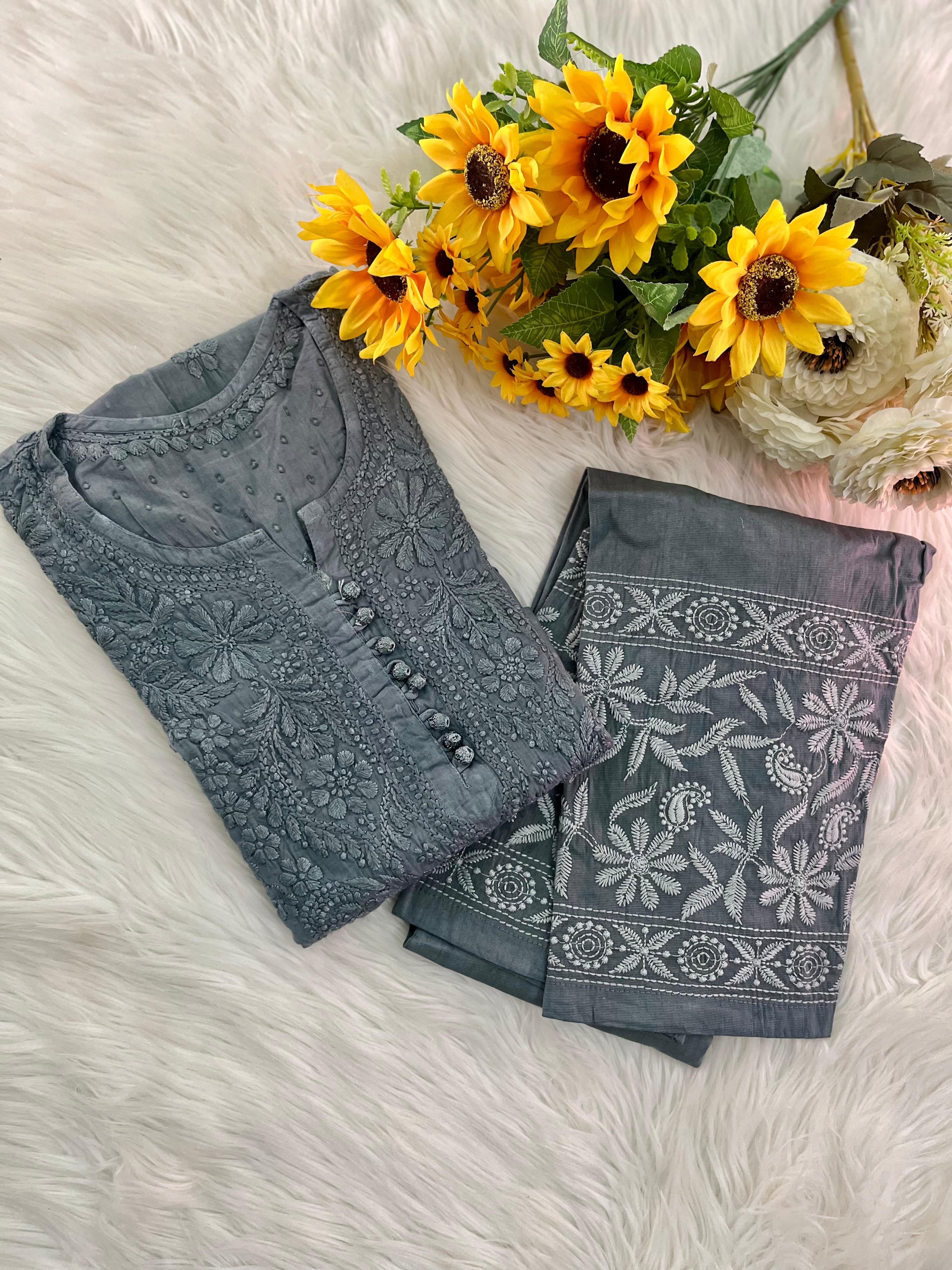 Dobby Cotton White embroidered chikankari Set