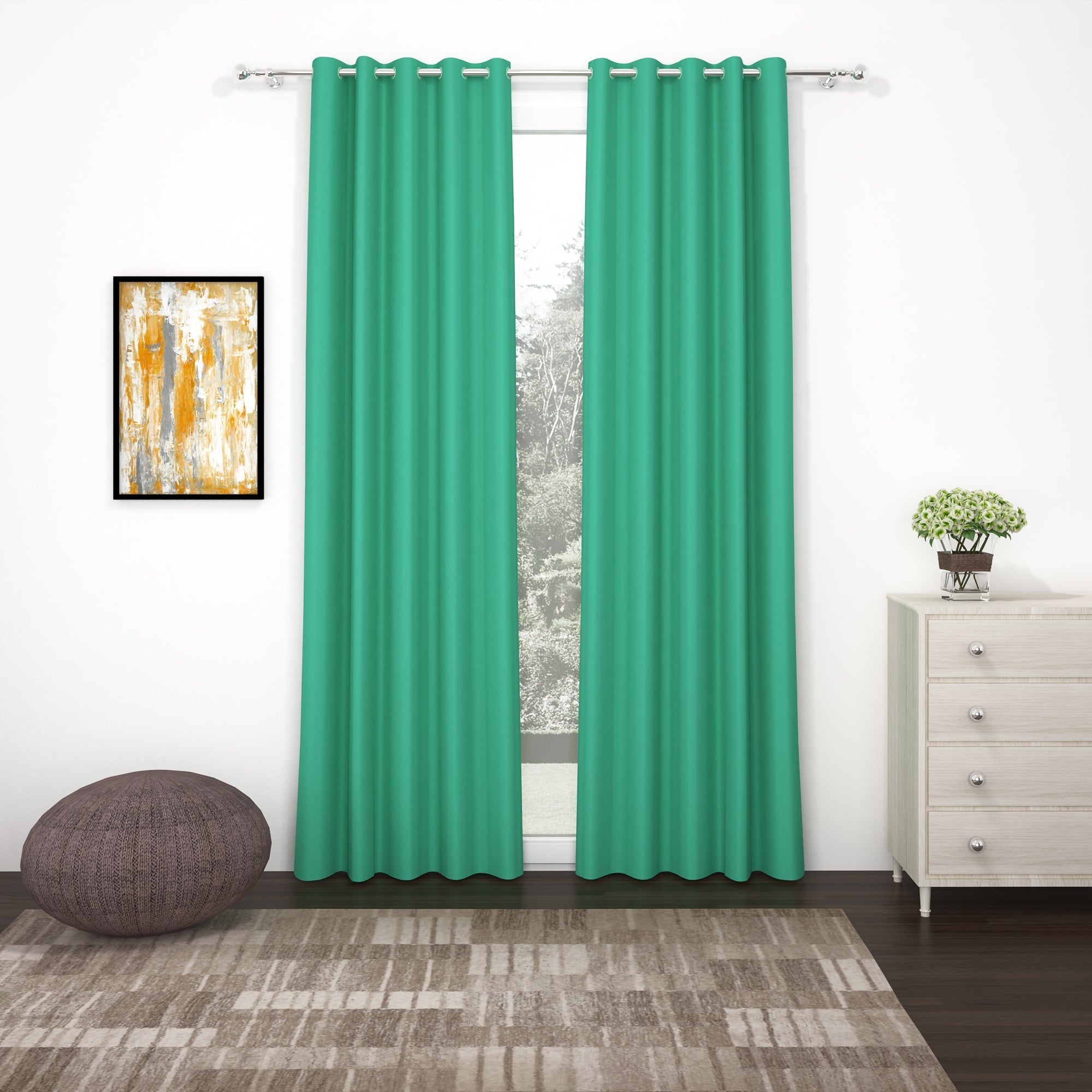 2 Pcs Green Blackout Faux Silk Room Darkening Window/Door/Semi Long Door/Long Door Curtains