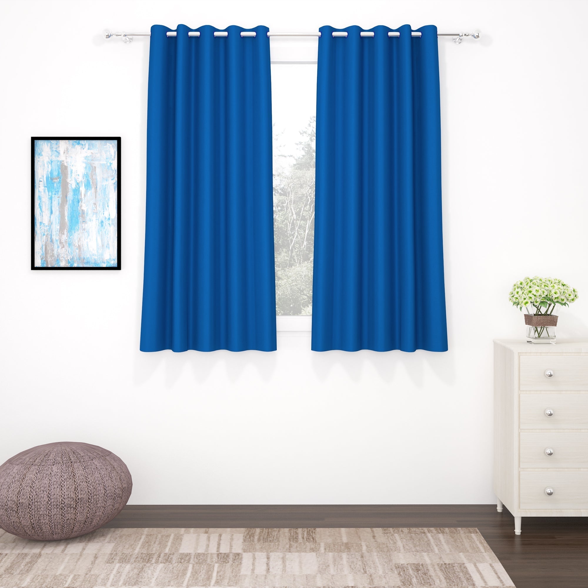 2 Pcs Blue Blackout Faux Silk Room Darkening Window/Door/Long Door Curtains